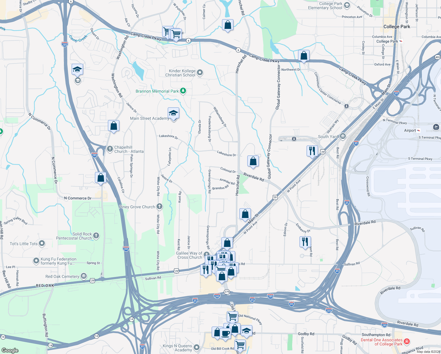 map of restaurants, bars, coffee shops, grocery stores, and more near 2627 Arundel Road in College Park