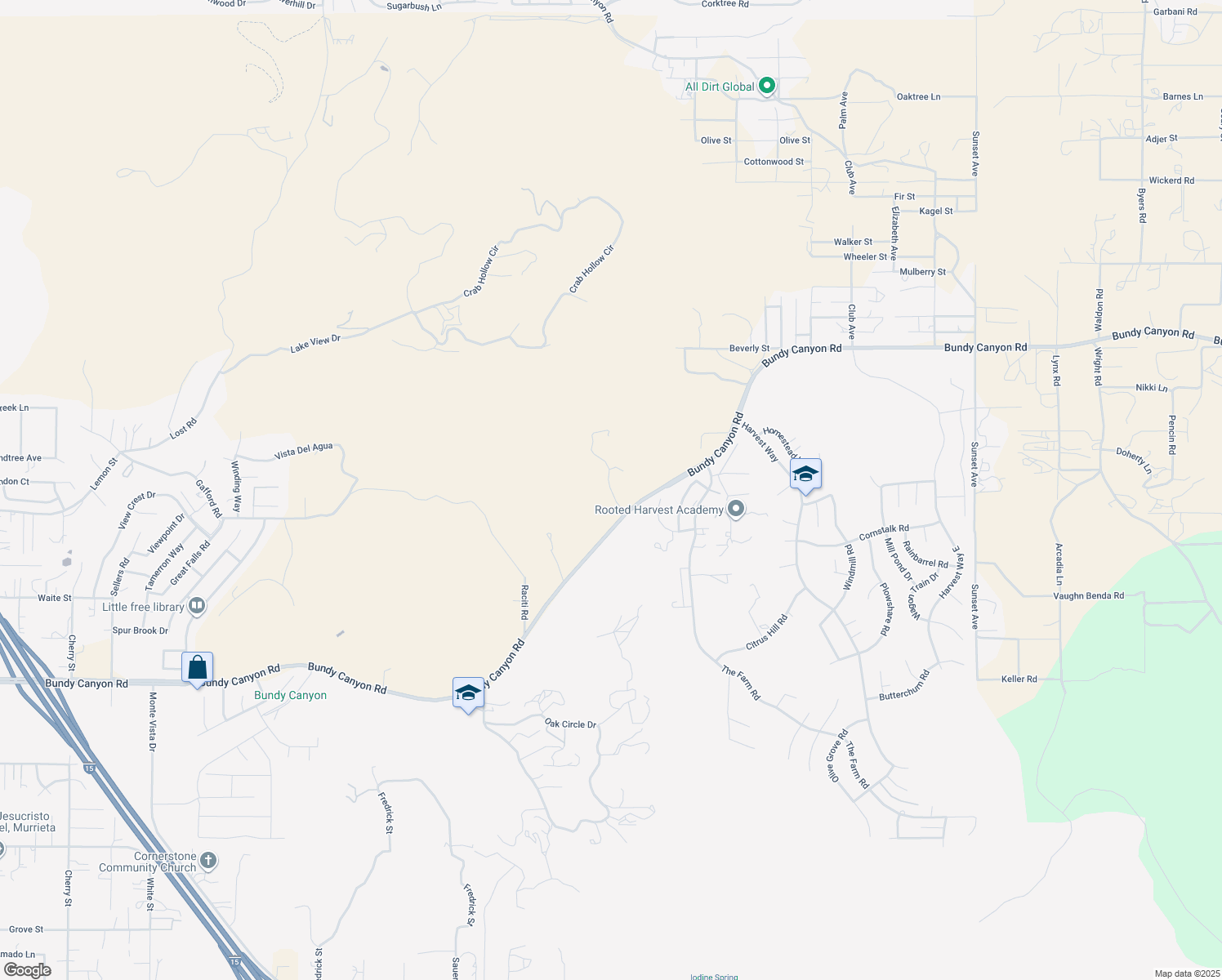 map of restaurants, bars, coffee shops, grocery stores, and more near Chico Hills Road in Wildomar