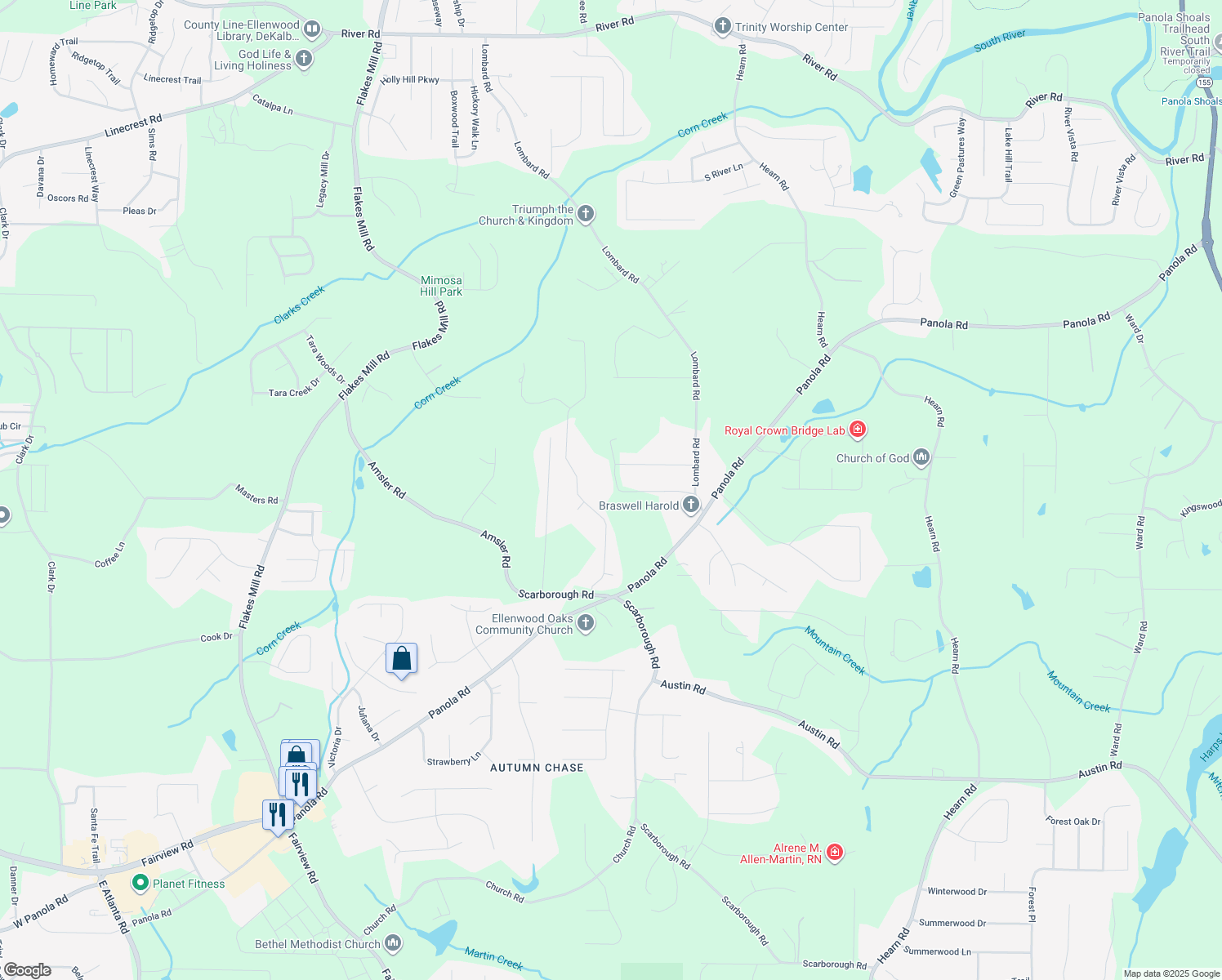 map of restaurants, bars, coffee shops, grocery stores, and more near 125 South Cir Drive in Ellenwood