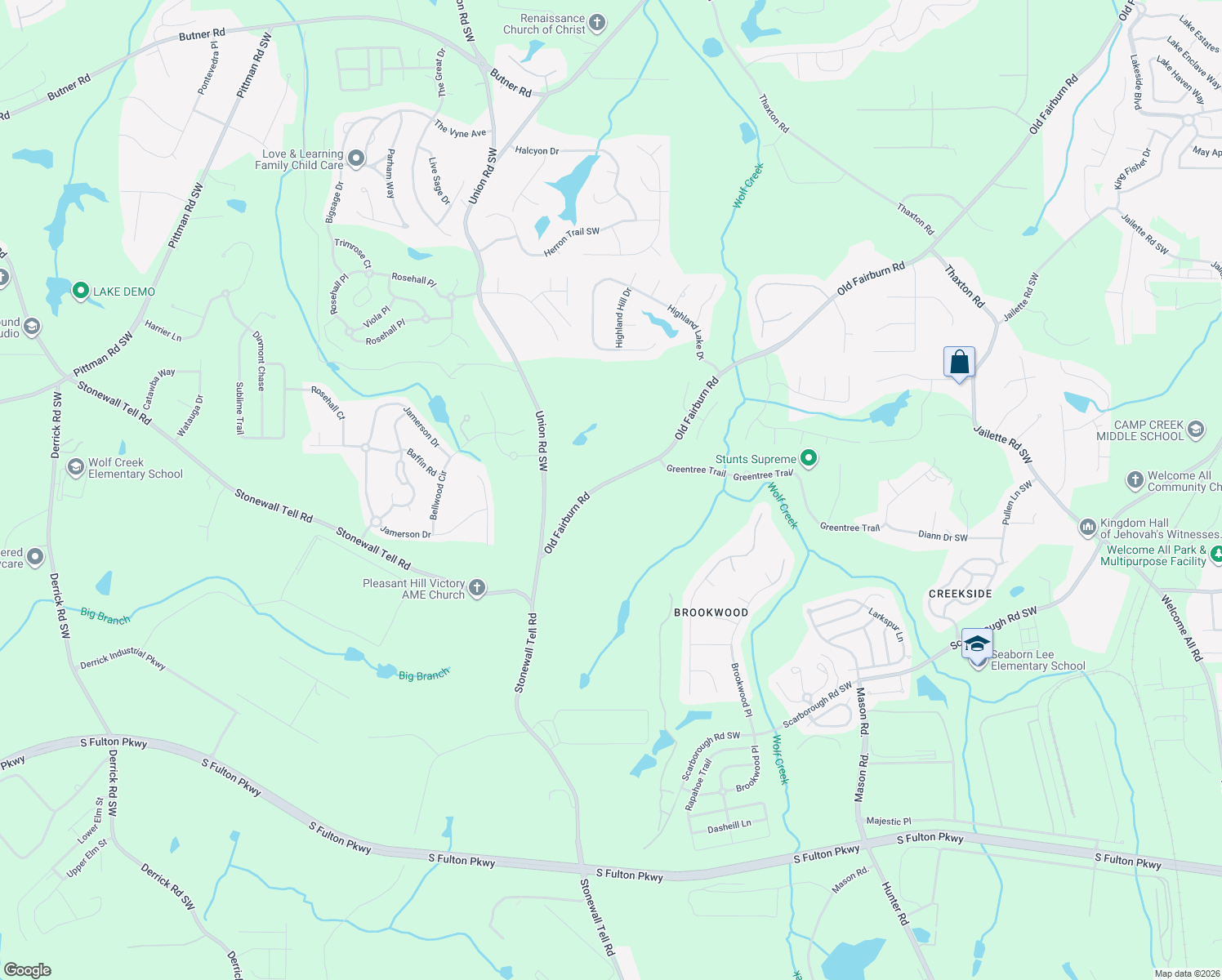map of restaurants, bars, coffee shops, grocery stores, and more near 4395 Old Fairburn Road in College Park