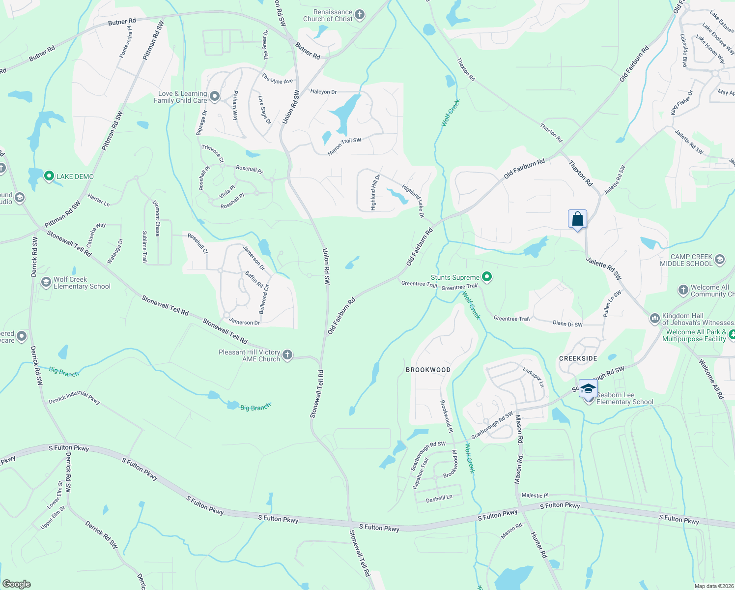 map of restaurants, bars, coffee shops, grocery stores, and more near 4395 Old Fairburn Road in College Park