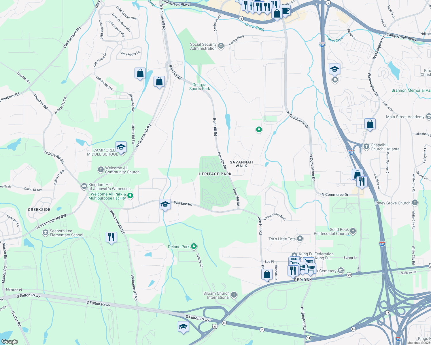 map of restaurants, bars, coffee shops, grocery stores, and more near 4574 Parkview Square in Atlanta