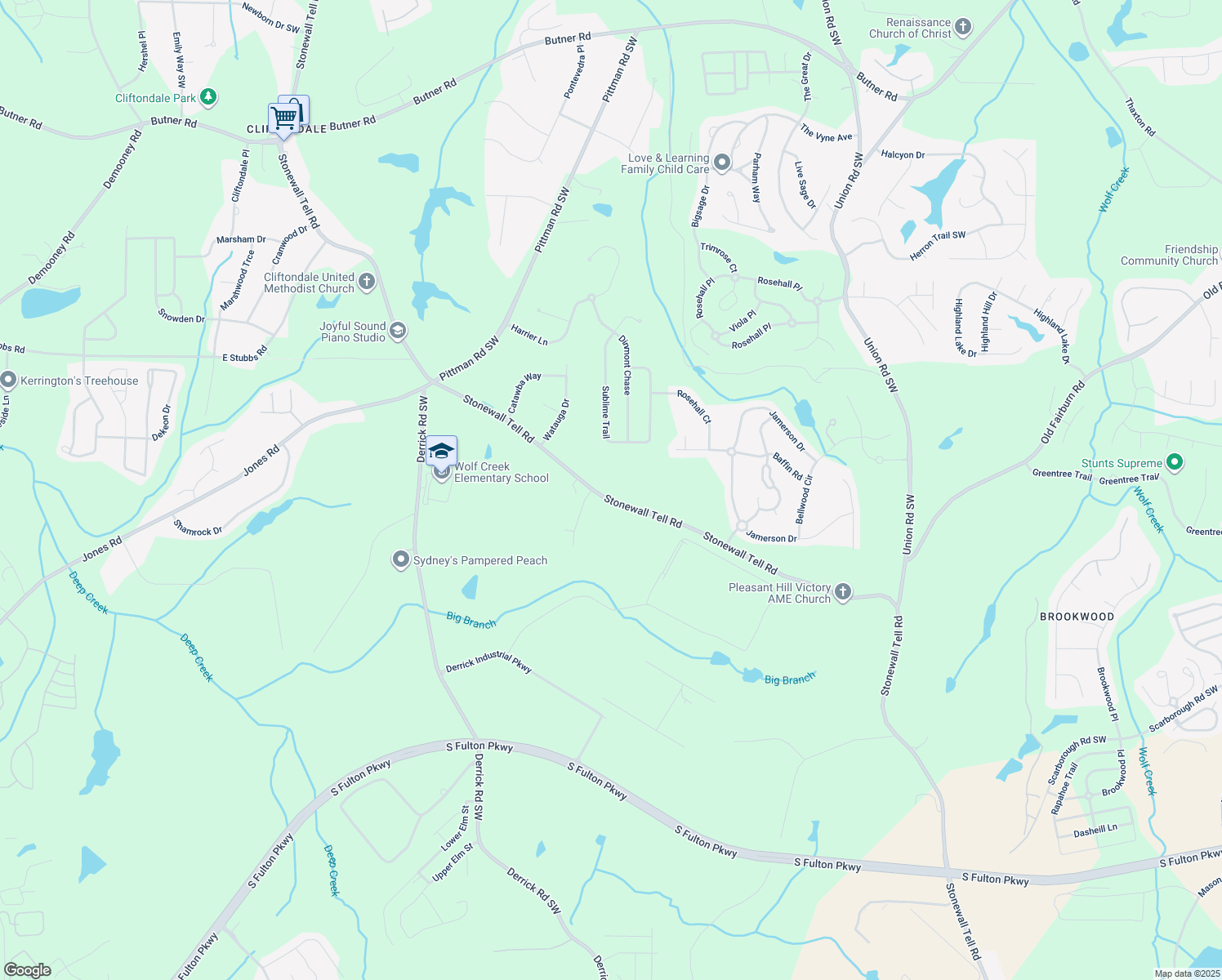 map of restaurants, bars, coffee shops, grocery stores, and more near 4376 Stonewall Tell Road in College Park