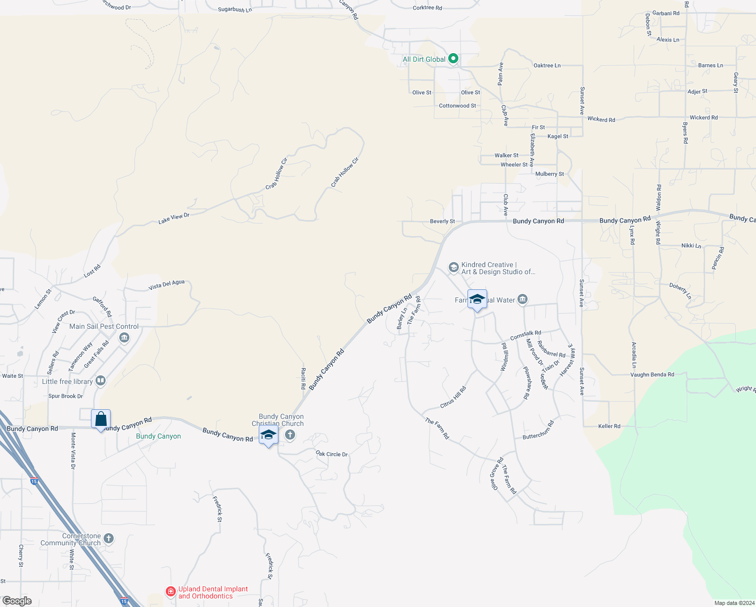 map of restaurants, bars, coffee shops, grocery stores, and more near Bundy Canyon Road in Wildomar