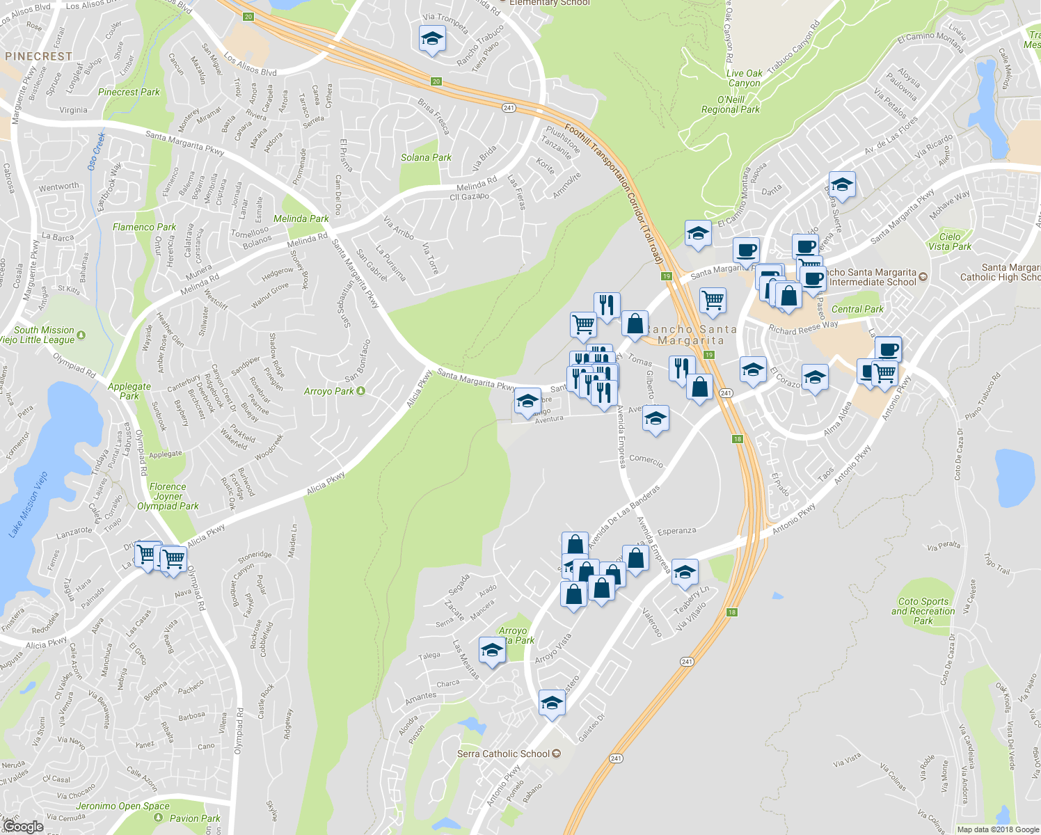 map of restaurants, bars, coffee shops, grocery stores, and more near 16 Abrigo in Rancho Santa Margarita