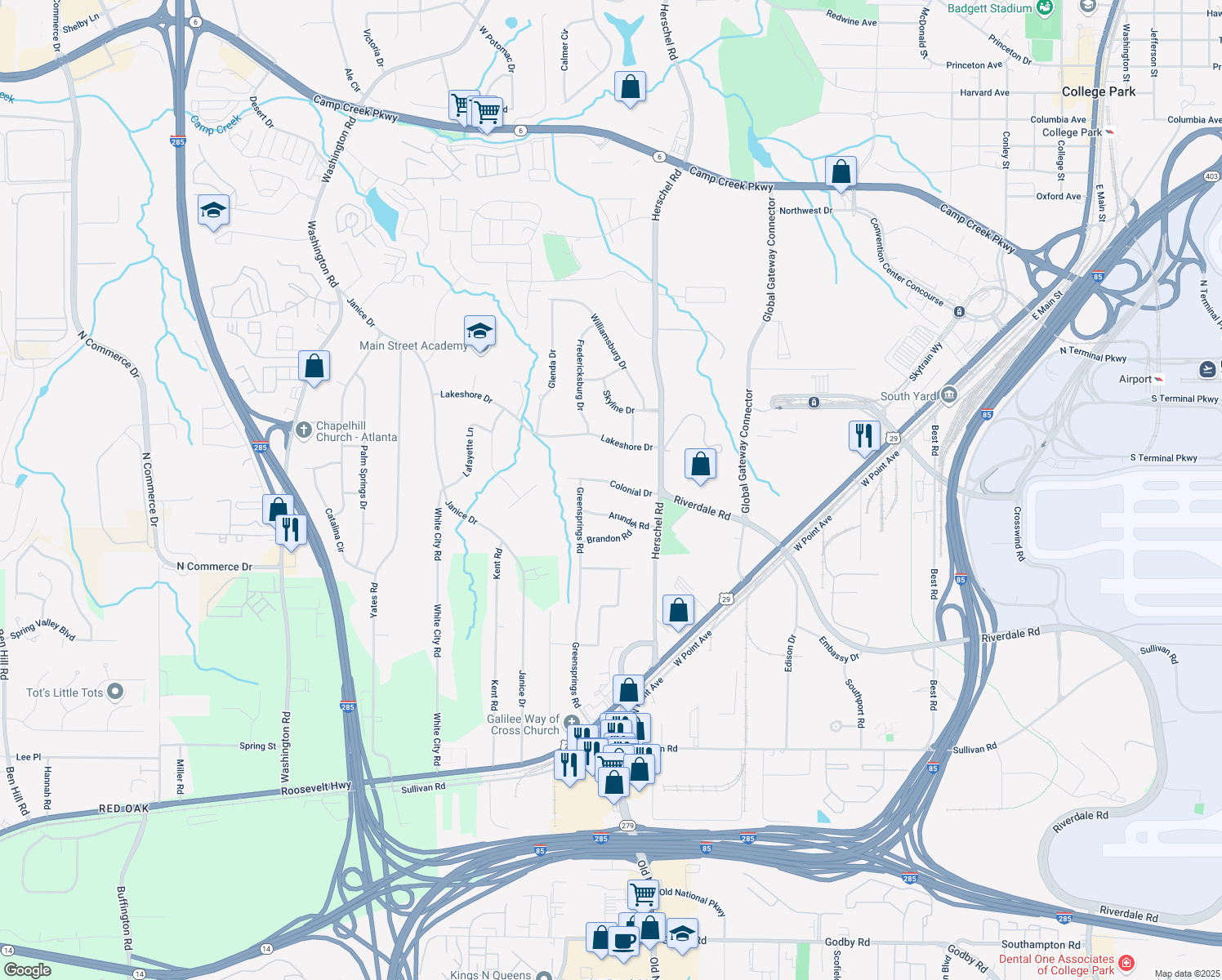 map of restaurants, bars, coffee shops, grocery stores, and more near 2630 Colonial Drive in College Park