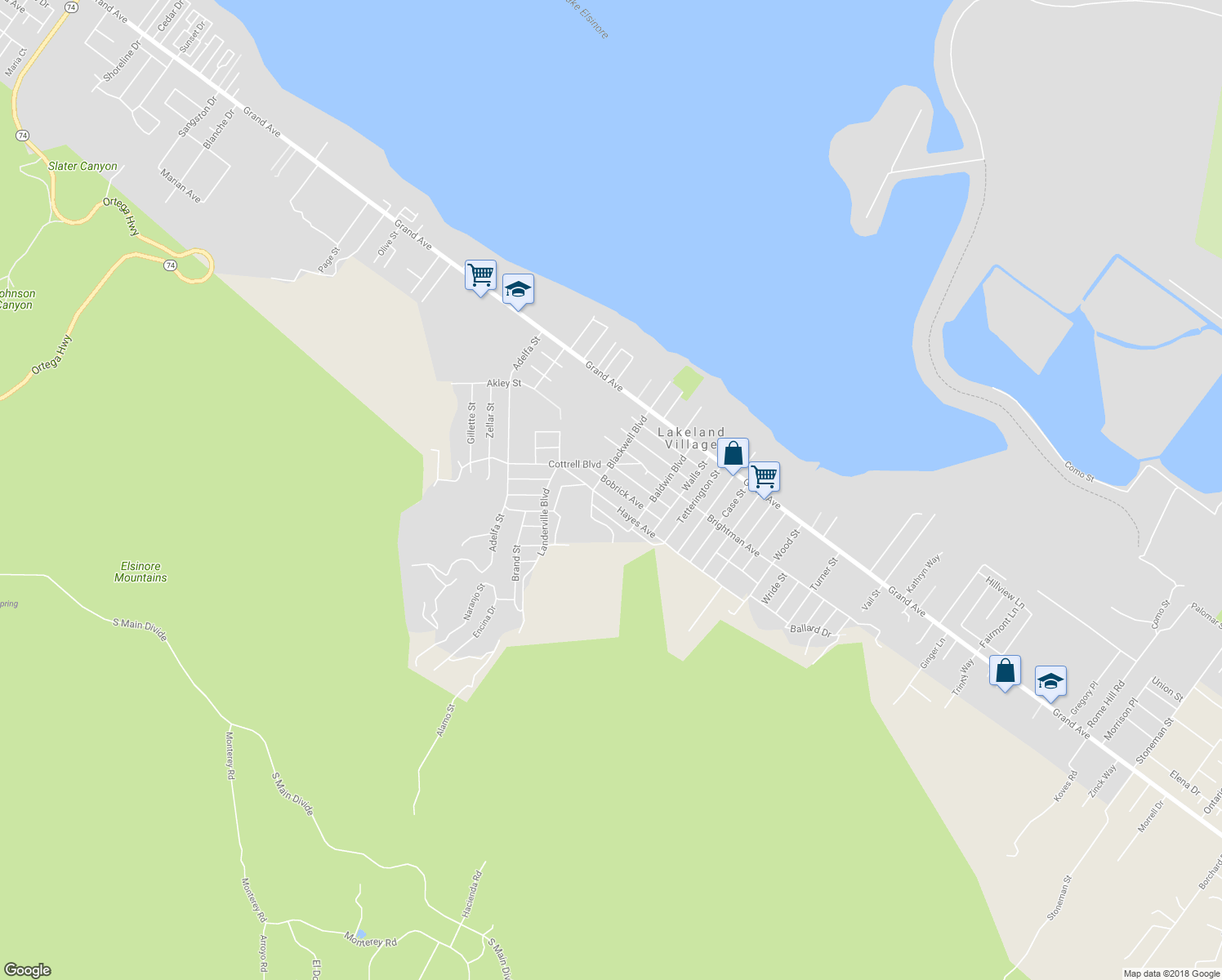 map of restaurants, bars, coffee shops, grocery stores, and more near 17625 Bobrick Avenue in Lake Elsinore