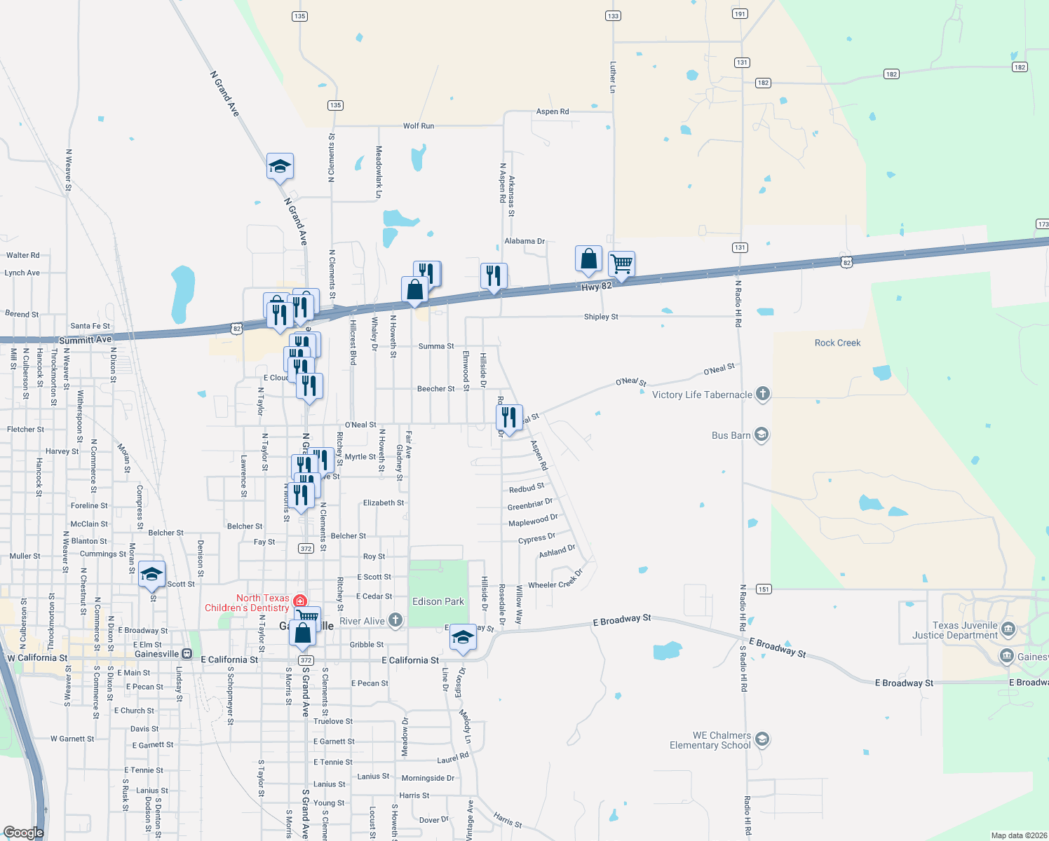 map of restaurants, bars, coffee shops, grocery stores, and more near 1104 Aspen Road in Gainesville