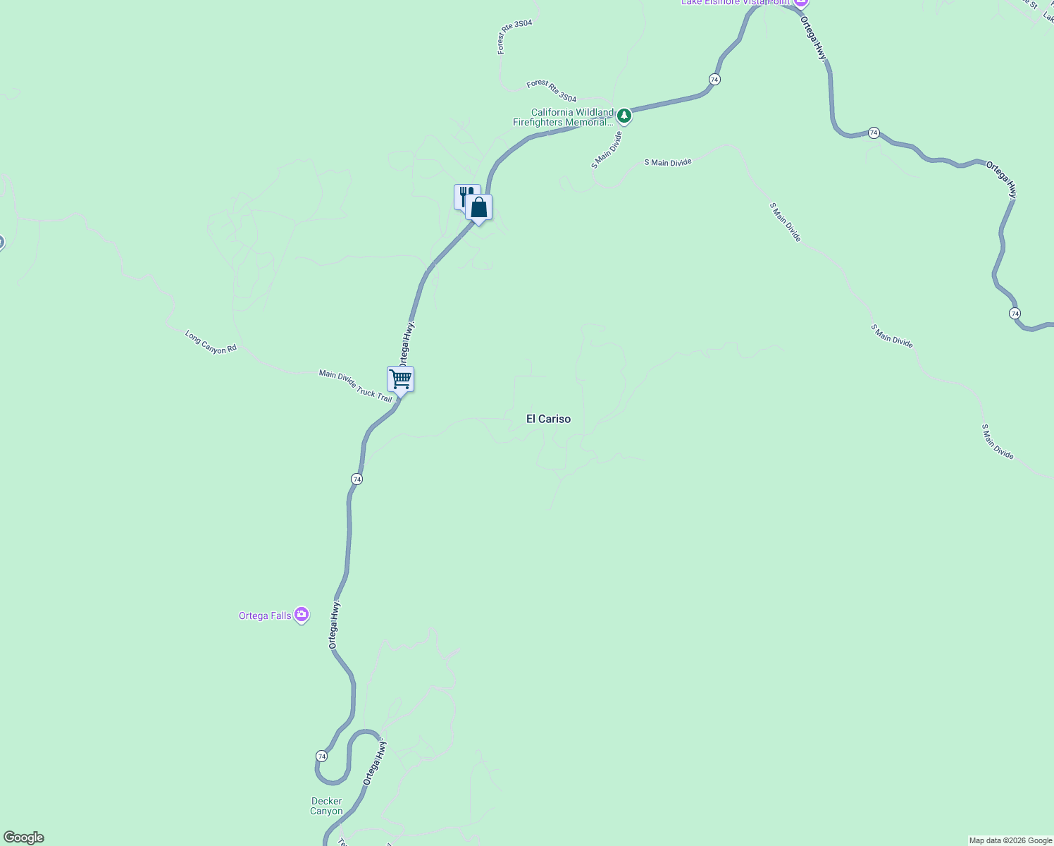 map of restaurants, bars, coffee shops, grocery stores, and more near Decker Canyon Lane in Lake Elsinore