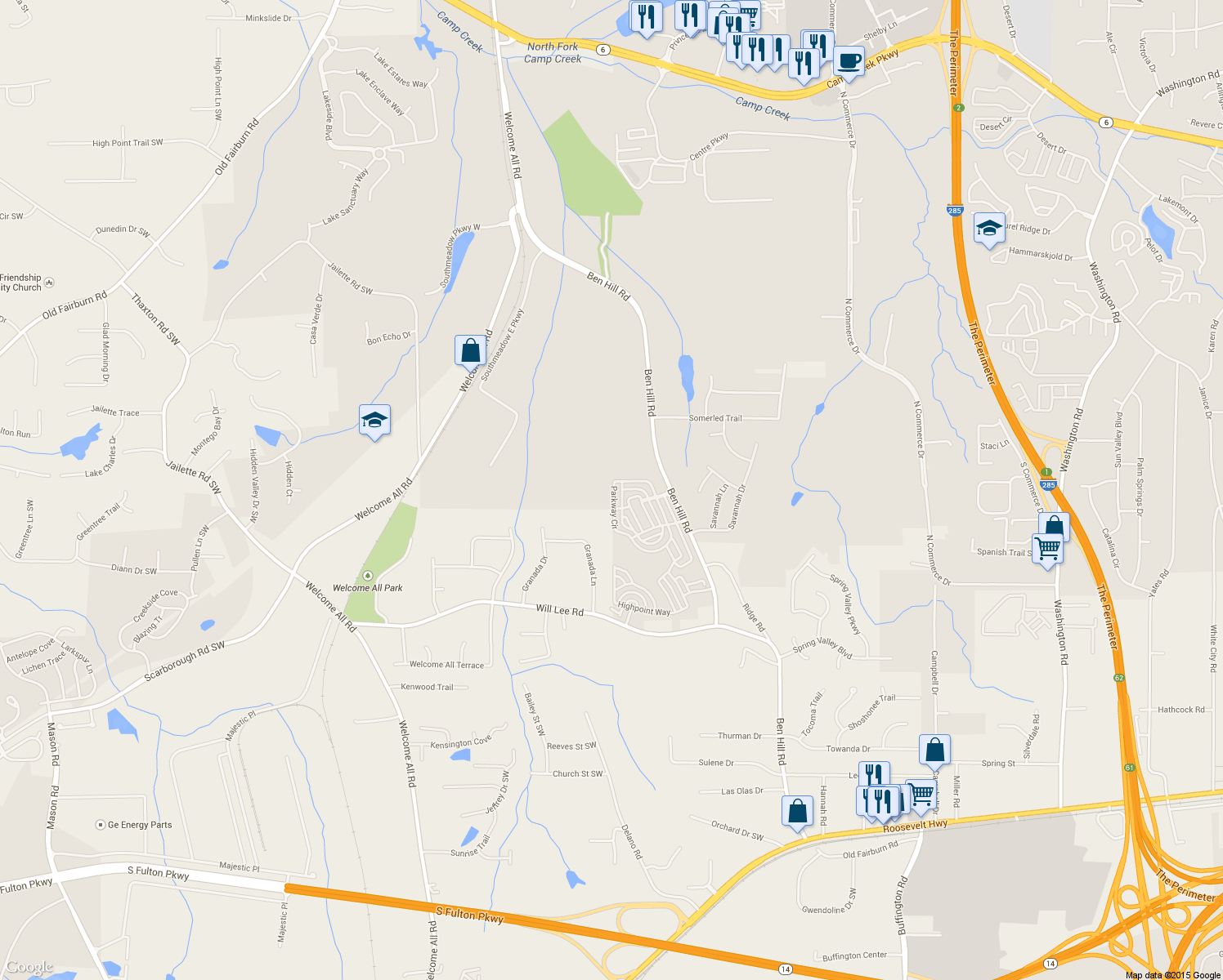 map of restaurants, bars, coffee shops, grocery stores, and more near 4540 Parkway Circle in College Park