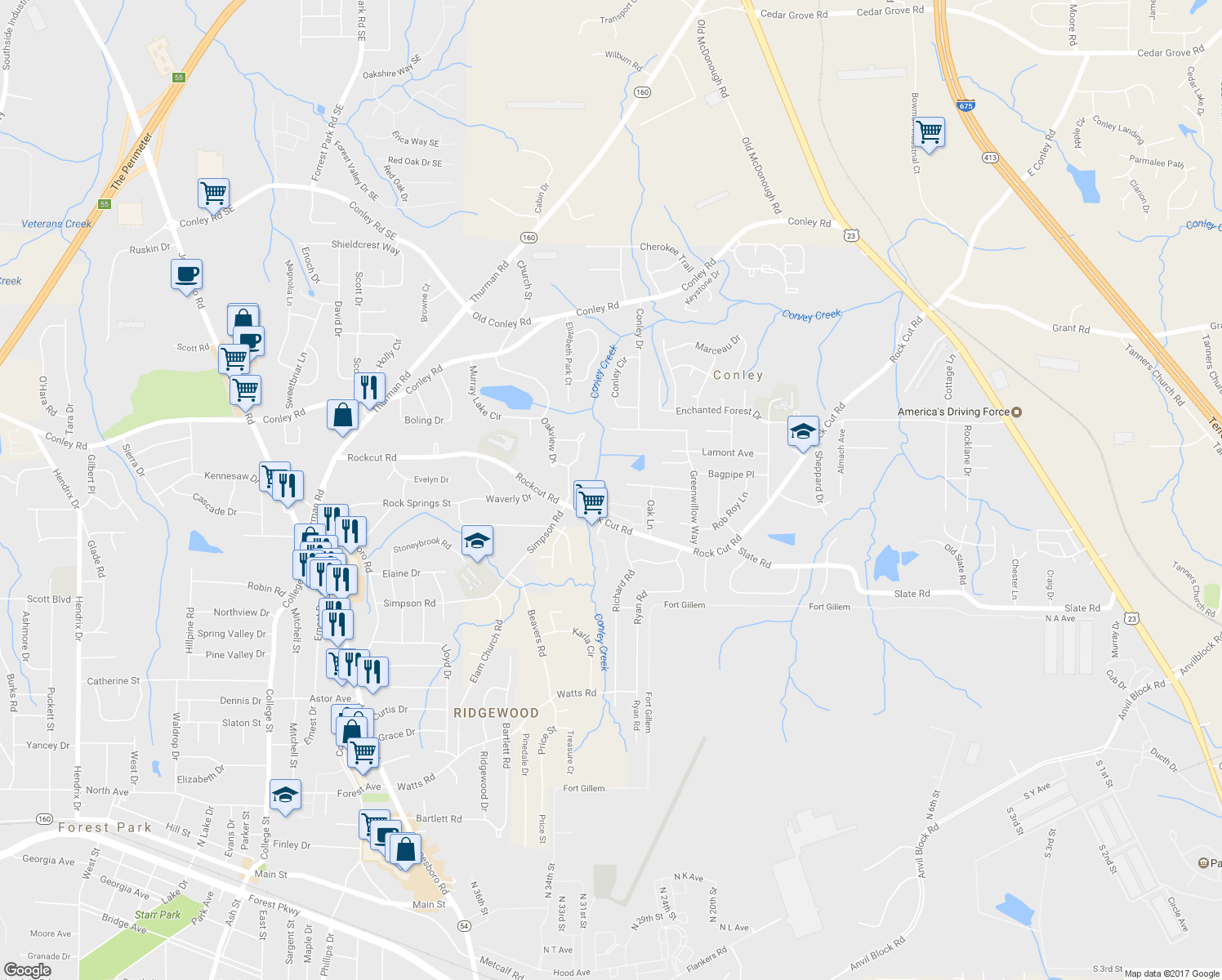 map of restaurants, bars, coffee shops, grocery stores, and more near 1453 California Avenue in Conley