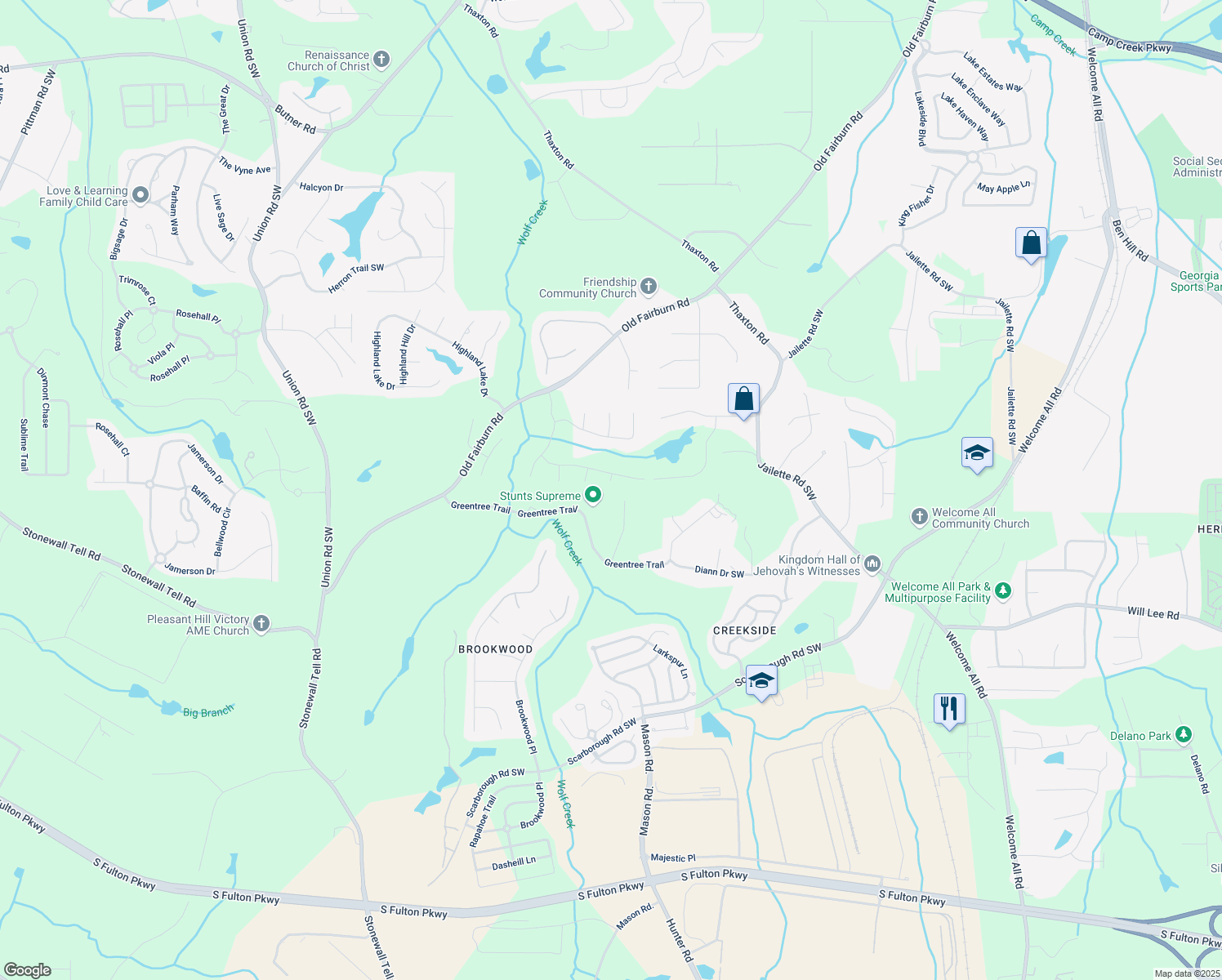 map of restaurants, bars, coffee shops, grocery stores, and more near 512 Fortner Lane in Atlanta