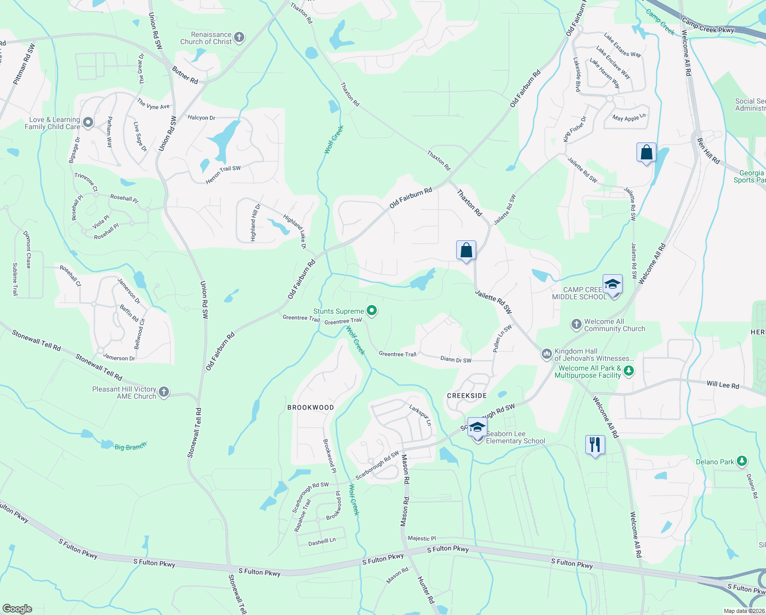 map of restaurants, bars, coffee shops, grocery stores, and more near 509 Fortner Lane in Atlanta