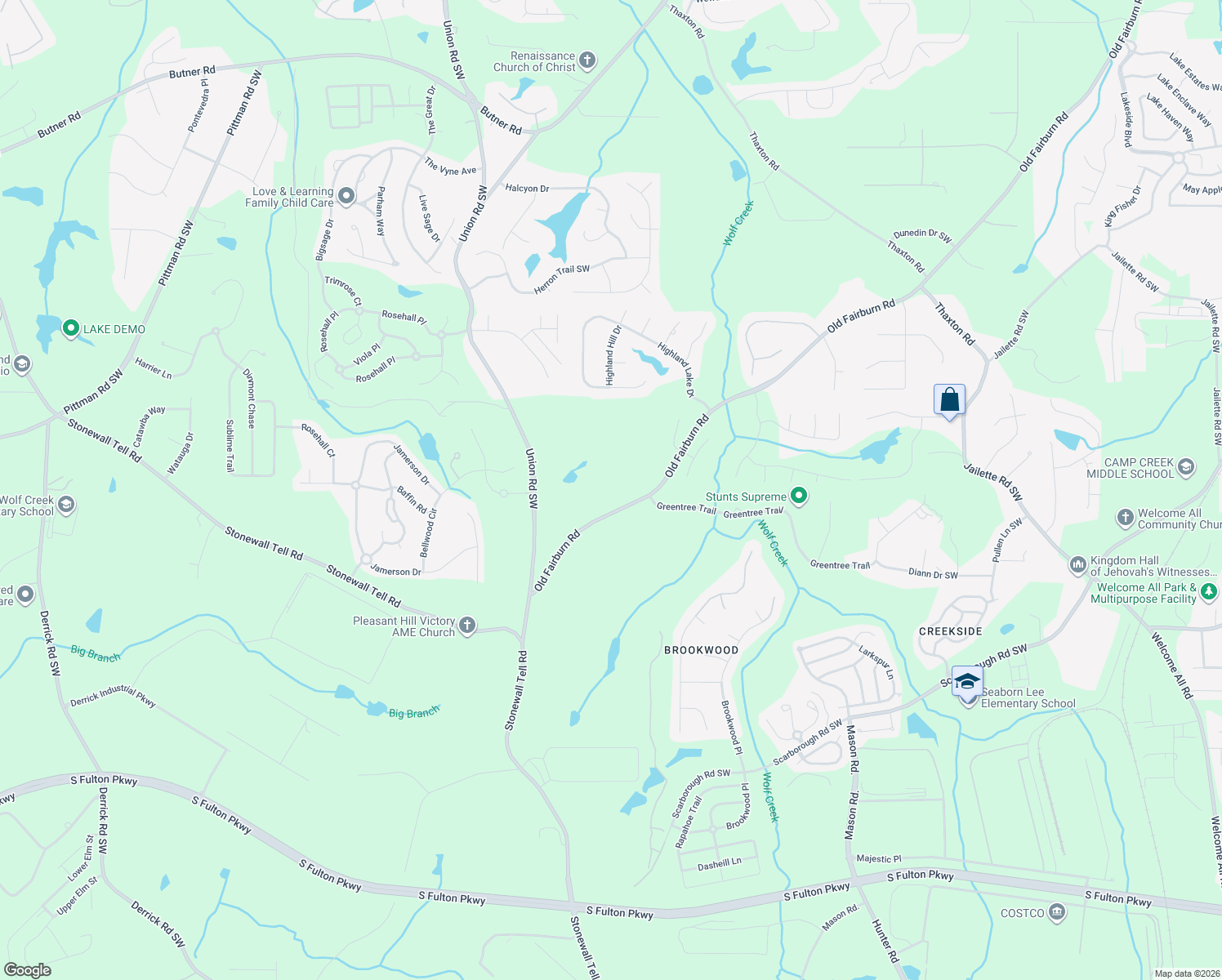 map of restaurants, bars, coffee shops, grocery stores, and more near 4387 Old Fairburn Road in Atlanta