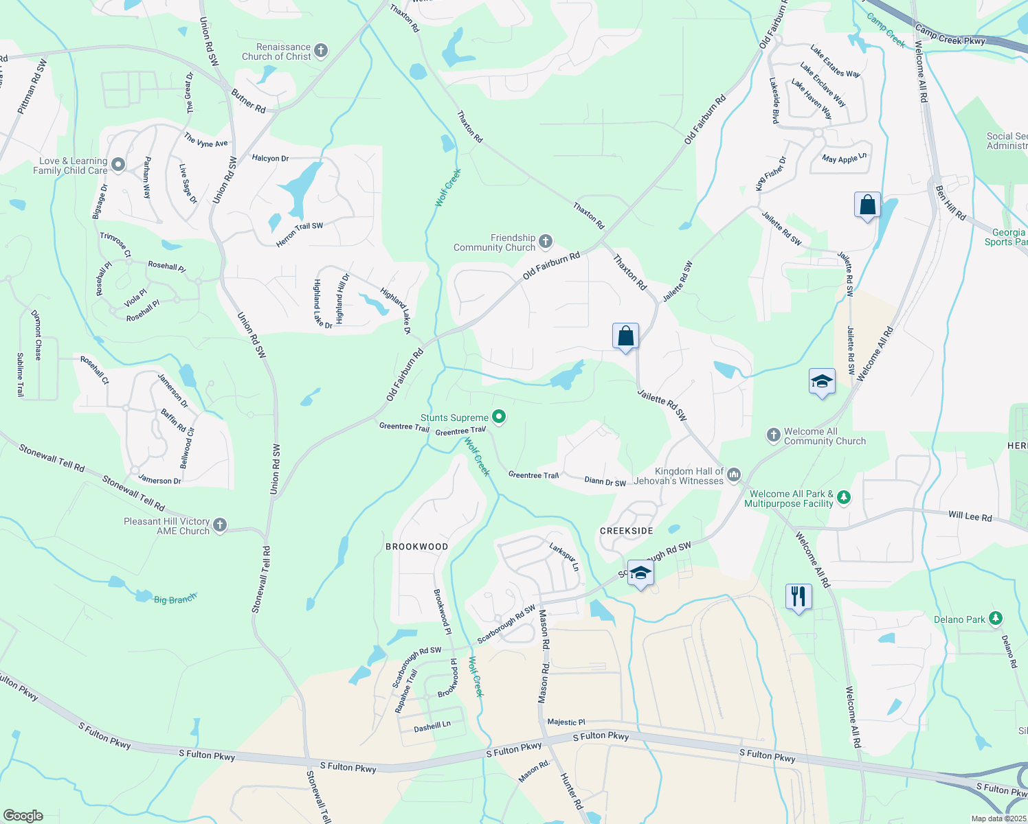 map of restaurants, bars, coffee shops, grocery stores, and more near 512 Fortner Lane in Atlanta