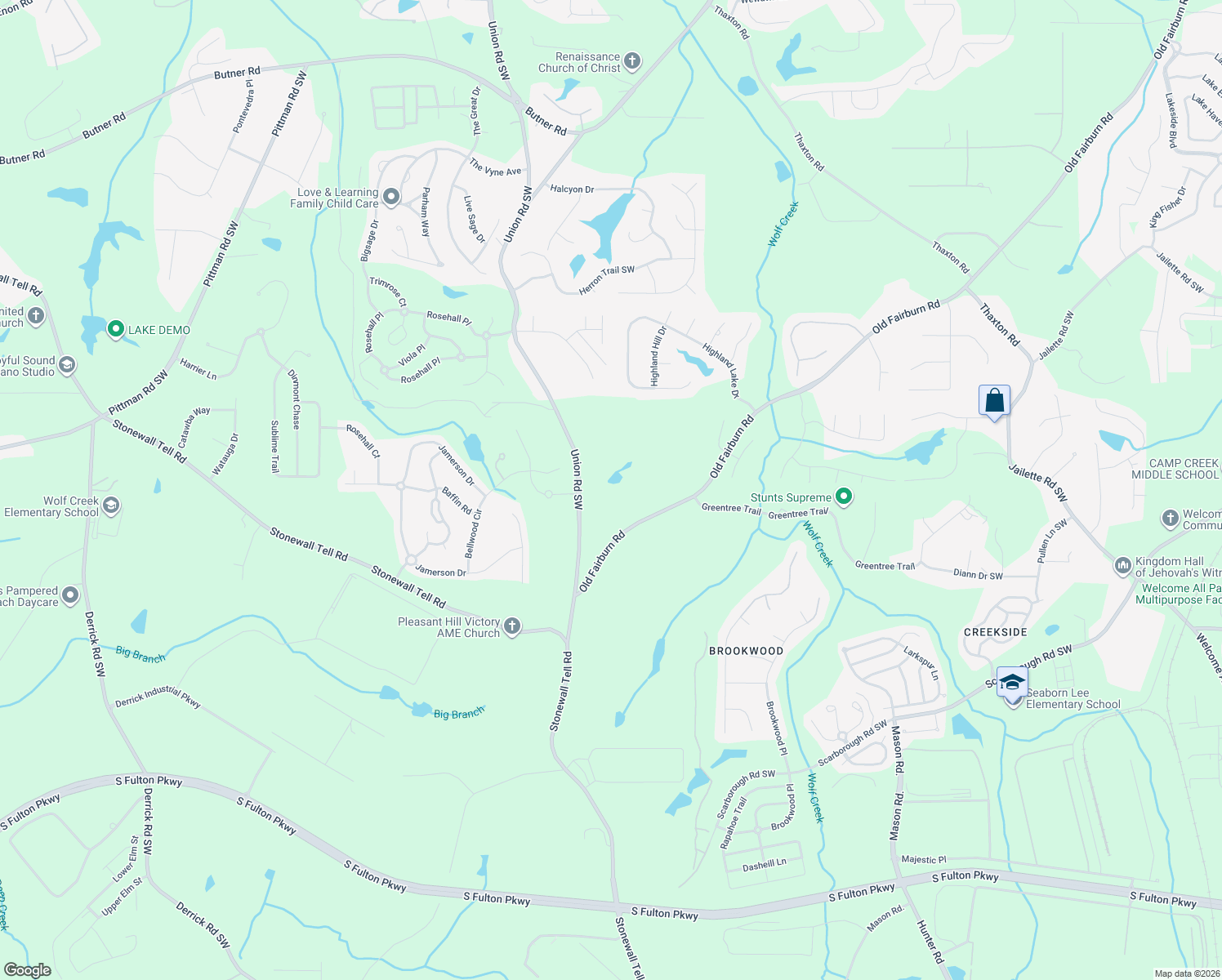 map of restaurants, bars, coffee shops, grocery stores, and more near 4320 Union Road Southwest in College Park