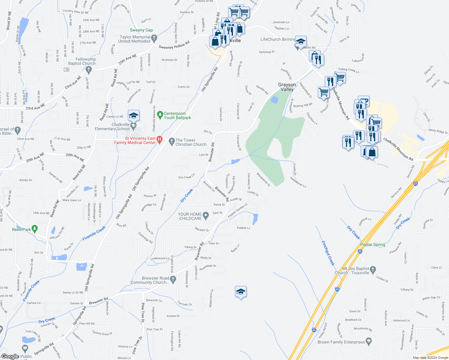 map of restaurants, bars, coffee shops, grocery stores, and more near 1945 Croydon Circle in Birmingham