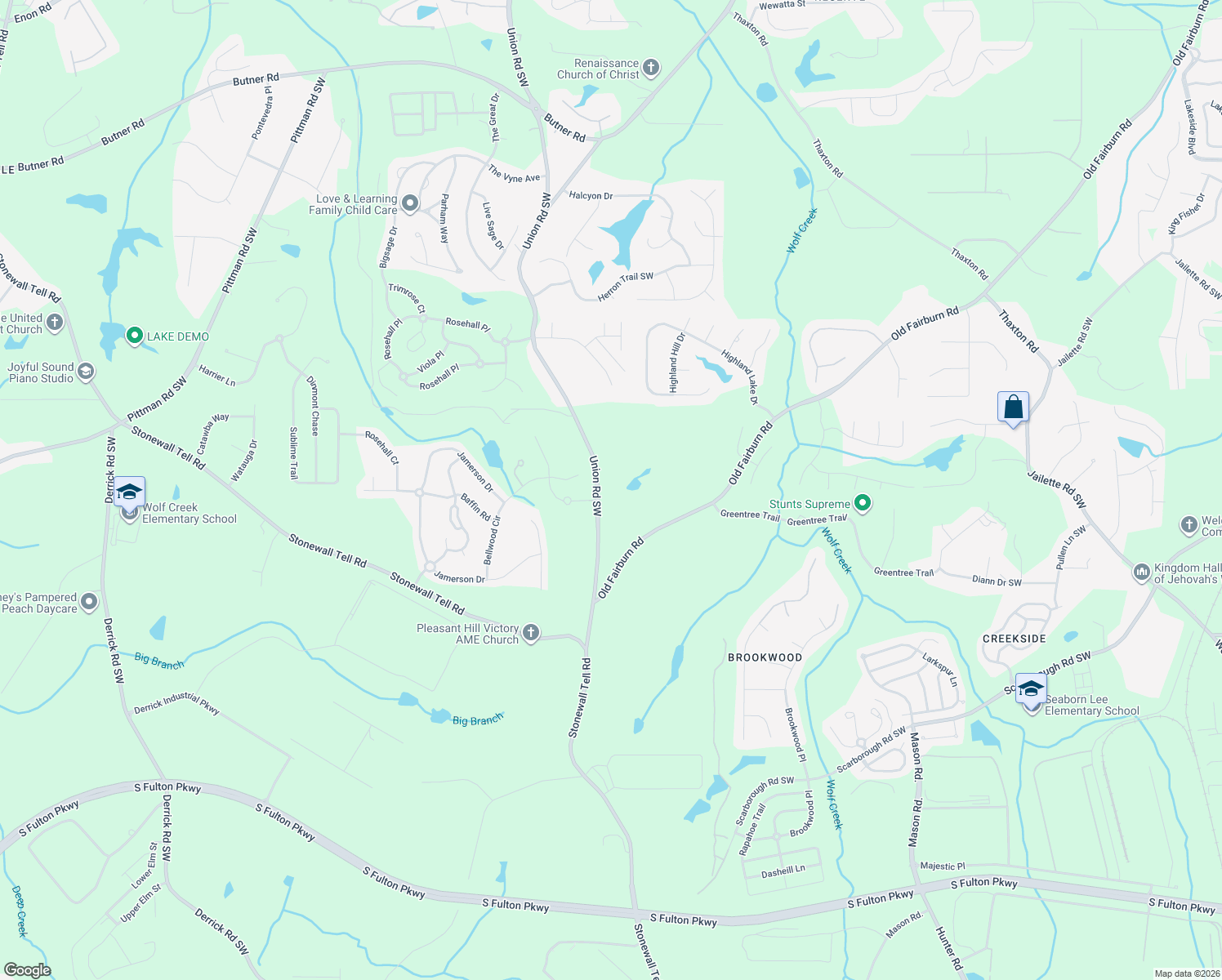 map of restaurants, bars, coffee shops, grocery stores, and more near 4320 Union Road Southwest in College Park