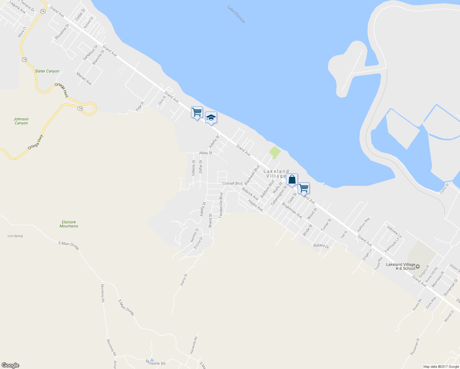 map of restaurants, bars, coffee shops, grocery stores, and more near 17507 Cottrell Boulevard in Lake Elsinore