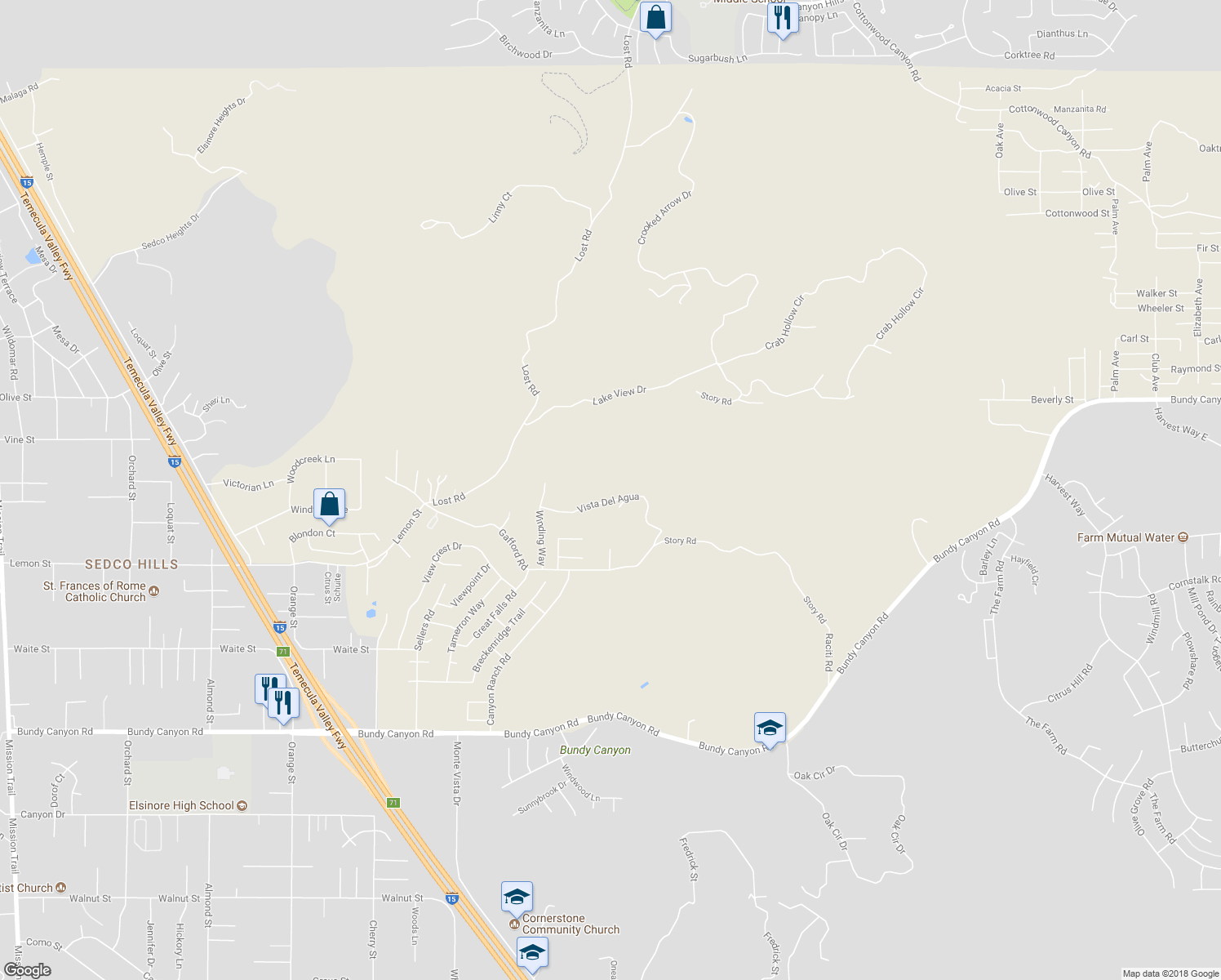 map of restaurants, bars, coffee shops, grocery stores, and more near 22984 Vista Del Agua in Wildomar