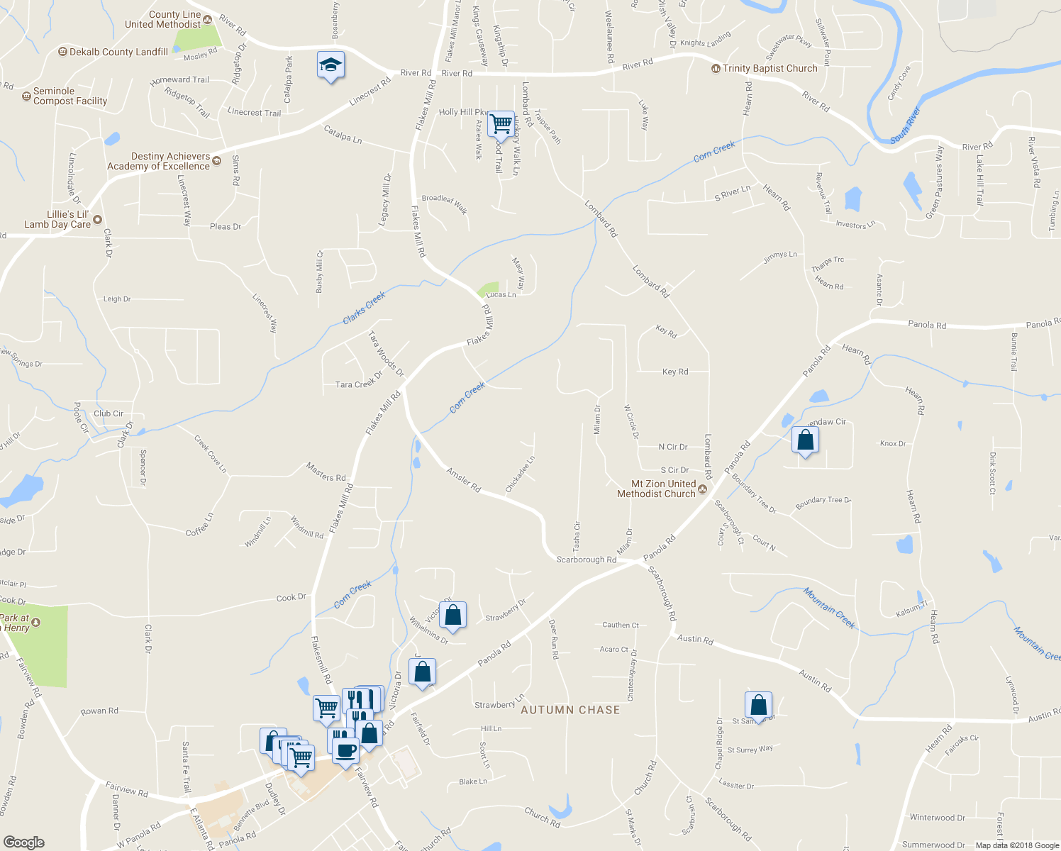 map of restaurants, bars, coffee shops, grocery stores, and more near 4739 Chickadee Lane in Ellenwood