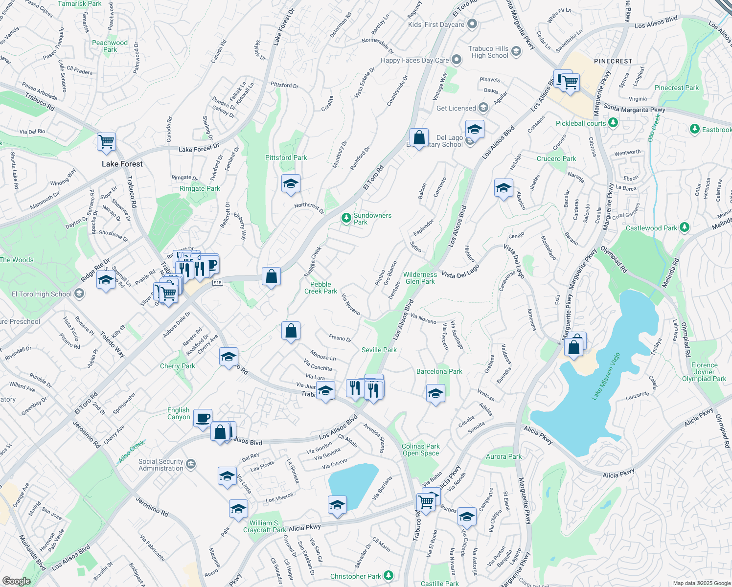 map of restaurants, bars, coffee shops, grocery stores, and more near 26701 Altanero in Mission Viejo