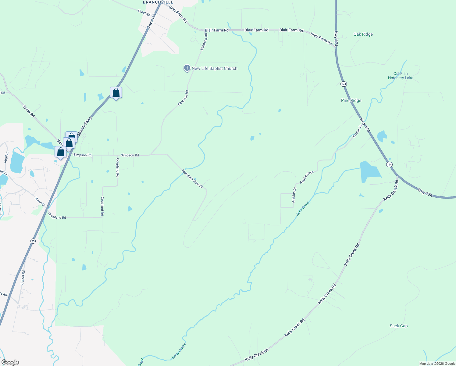 map of restaurants, bars, coffee shops, grocery stores, and more near 175 Ridgewood Lane in Odenville