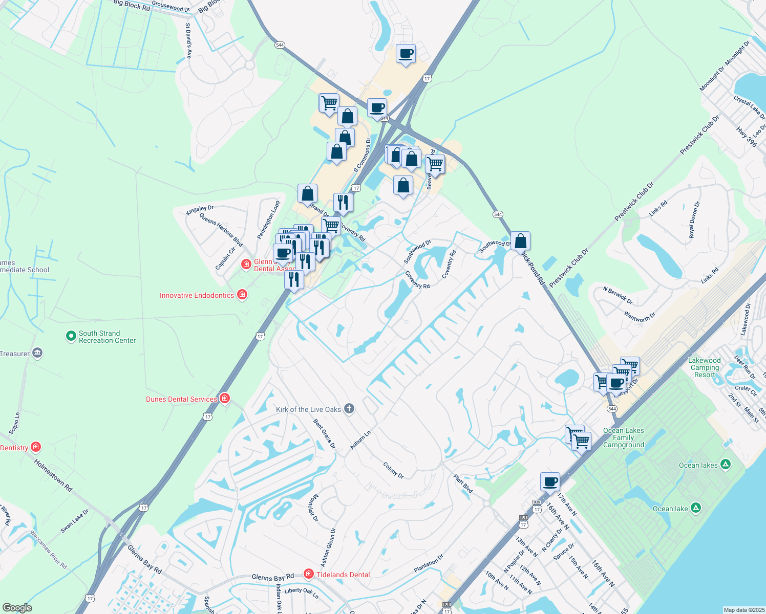 map of restaurants, bars, coffee shops, grocery stores, and more near 1452 Southwood Drive in Myrtle Beach