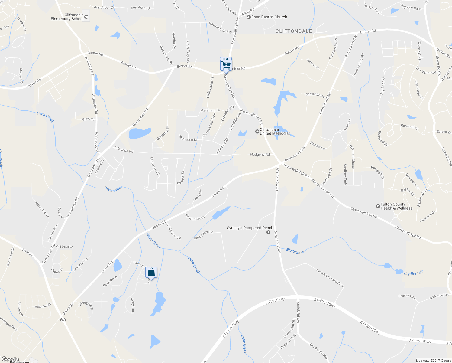 map of restaurants, bars, coffee shops, grocery stores, and more near 6325 Jones Road in College Park