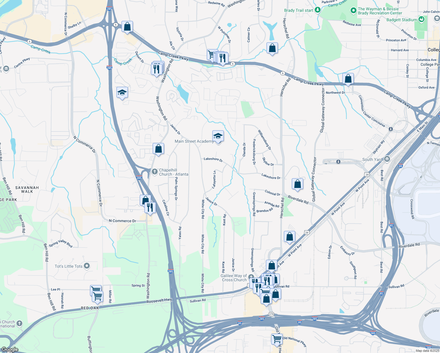 map of restaurants, bars, coffee shops, grocery stores, and more near 4315 York Road in College Park