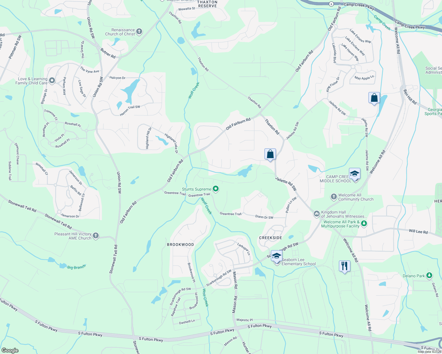 map of restaurants, bars, coffee shops, grocery stores, and more near 509 Fortner Lane in Atlanta