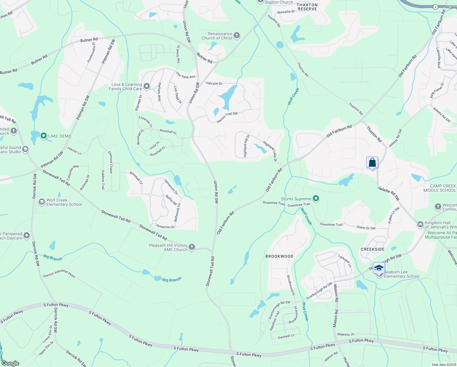map of restaurants, bars, coffee shops, grocery stores, and more near 4220 Union Road Southwest in College Park