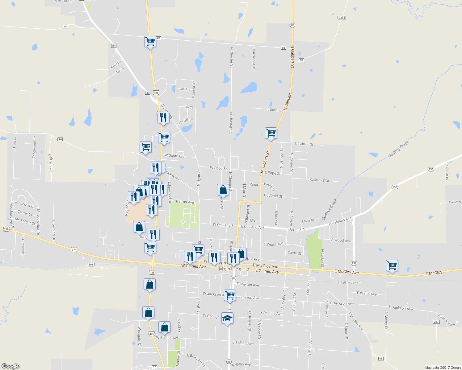 map of restaurants, bars, coffee shops, grocery stores, and more near 908 North Chester Street in Monticello