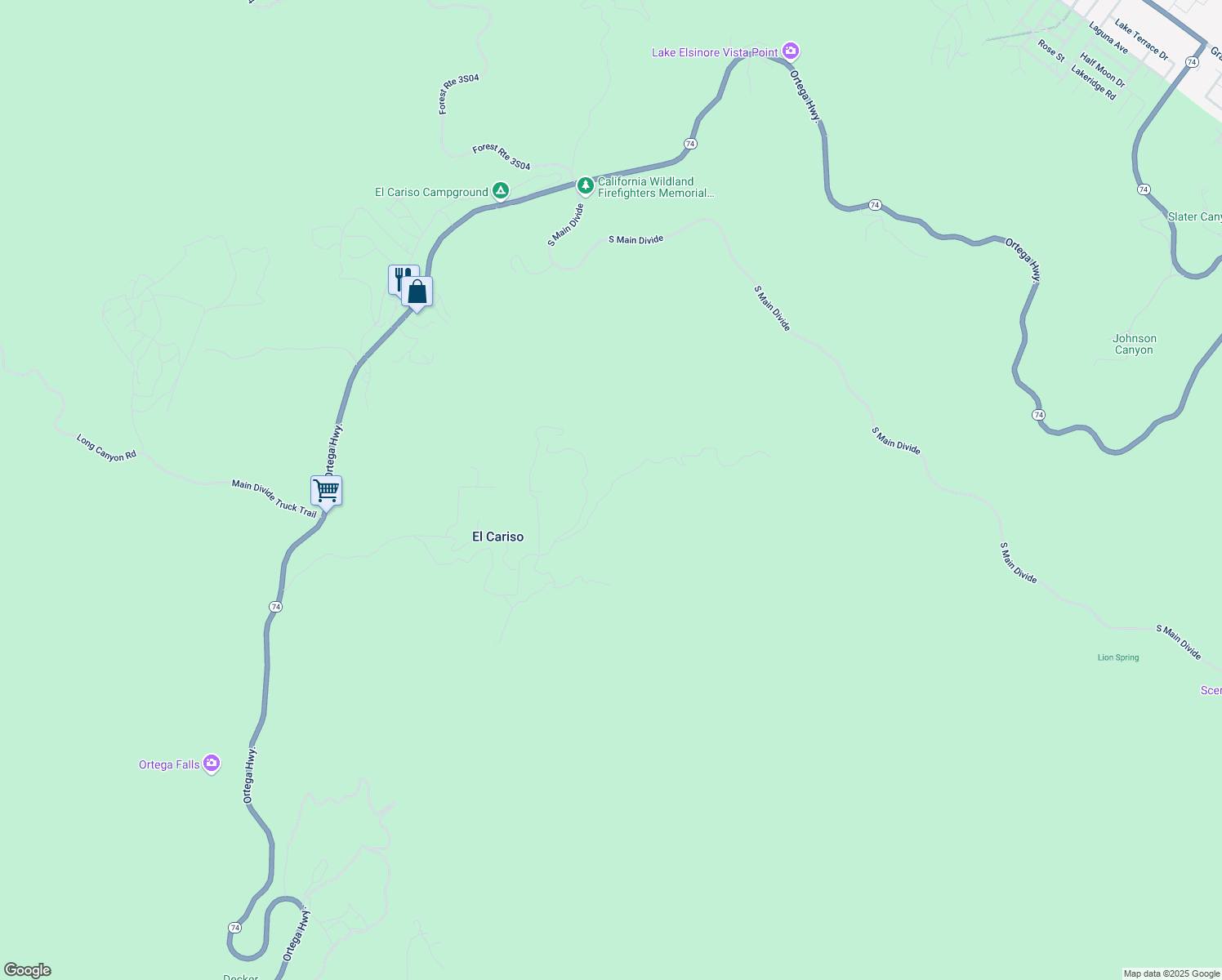 map of restaurants, bars, coffee shops, grocery stores, and more near Decker Canyon Road in Lake Elsinore