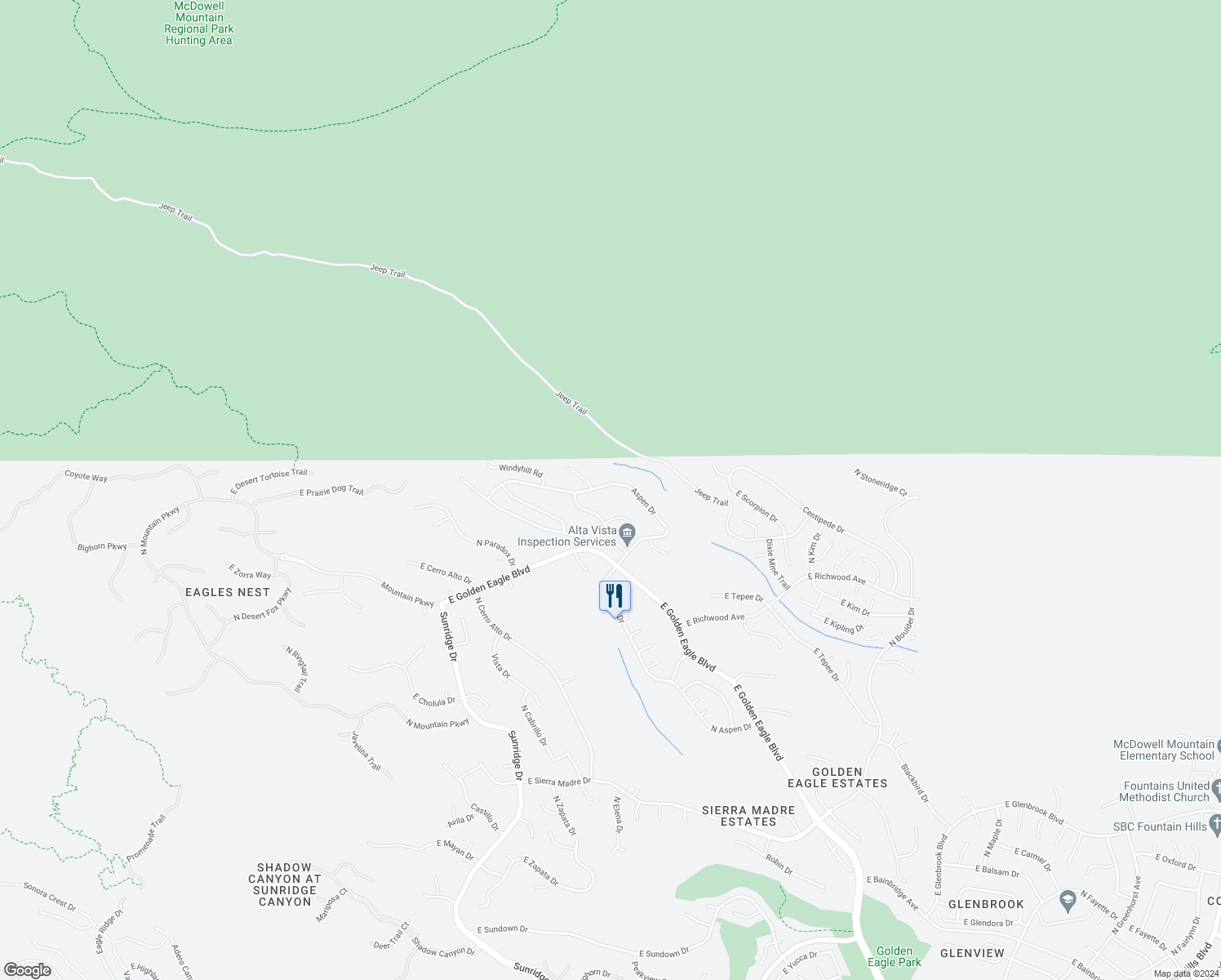 map of restaurants, bars, coffee shops, grocery stores, and more near 15223 East Aspen in Fountain Hills