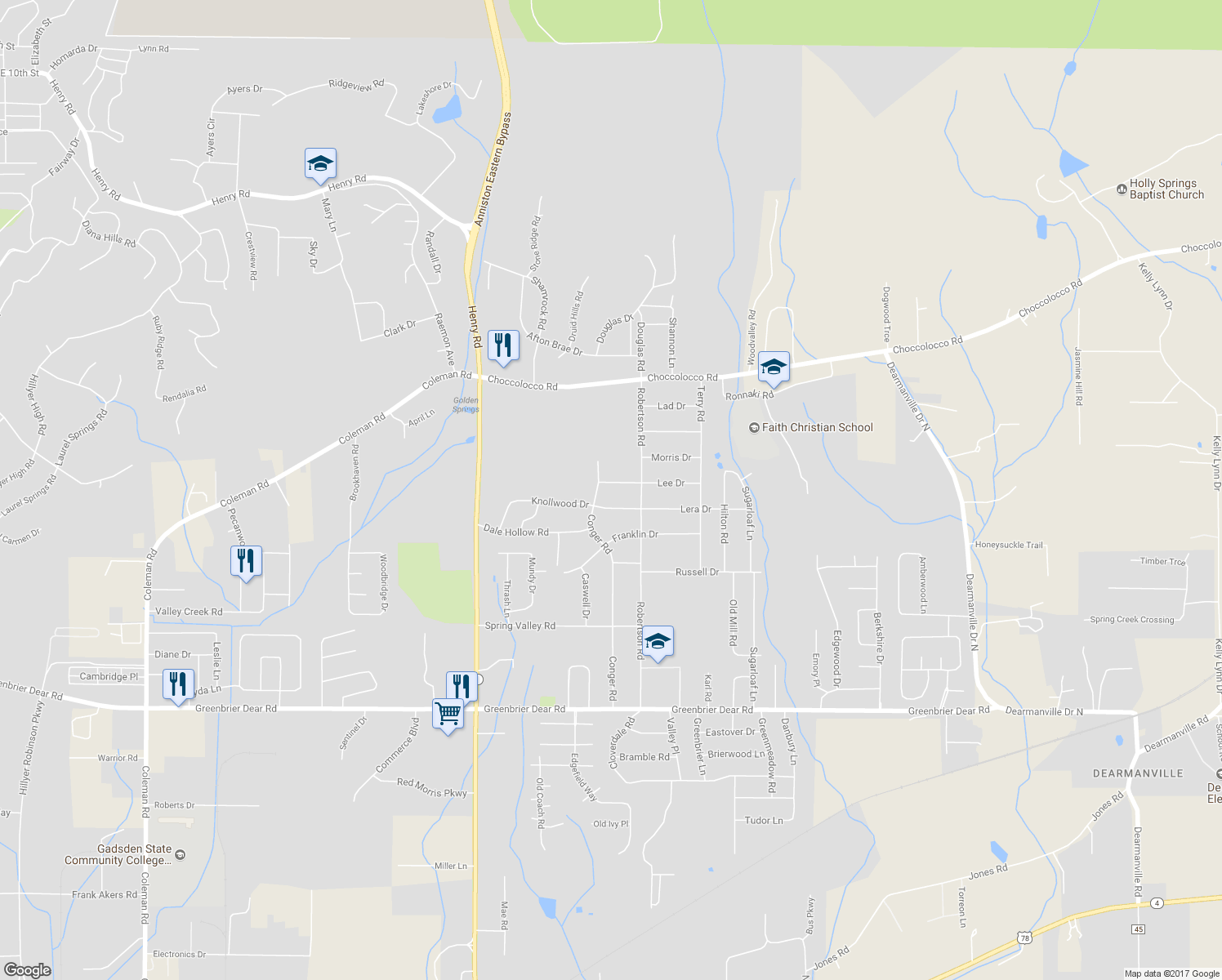 map of restaurants, bars, coffee shops, grocery stores, and more near 3804 Caffey Woods Road in Anniston