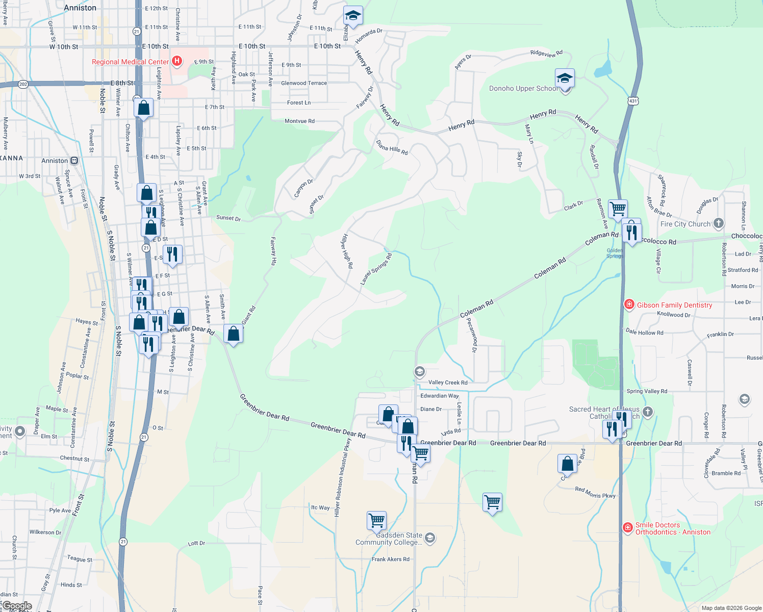 map of restaurants, bars, coffee shops, grocery stores, and more near 2202 Hathaway Heights Road in Anniston