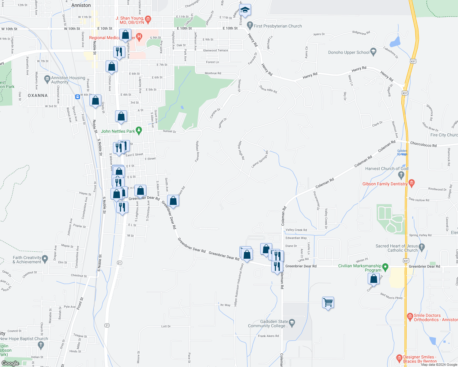 map of restaurants, bars, coffee shops, grocery stores, and more near 715 Hillyer High Road in Anniston