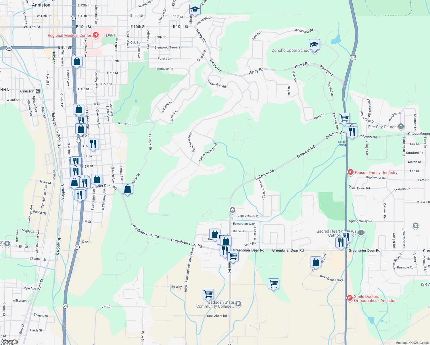 map of restaurants, bars, coffee shops, grocery stores, and more near 2202 Hathaway Heights Road in Anniston