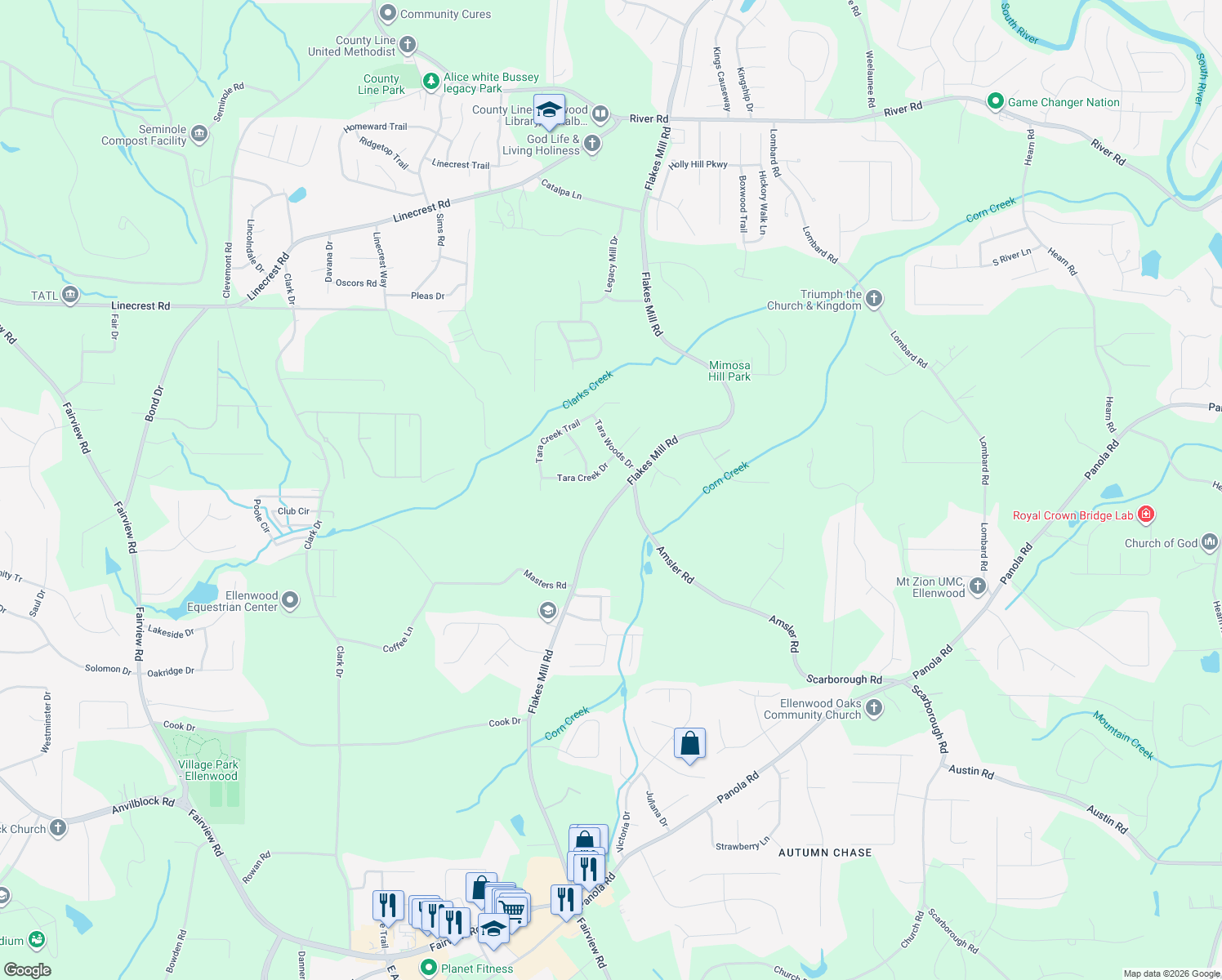 map of restaurants, bars, coffee shops, grocery stores, and more near 5133 Flakes Mill Road in Ellenwood