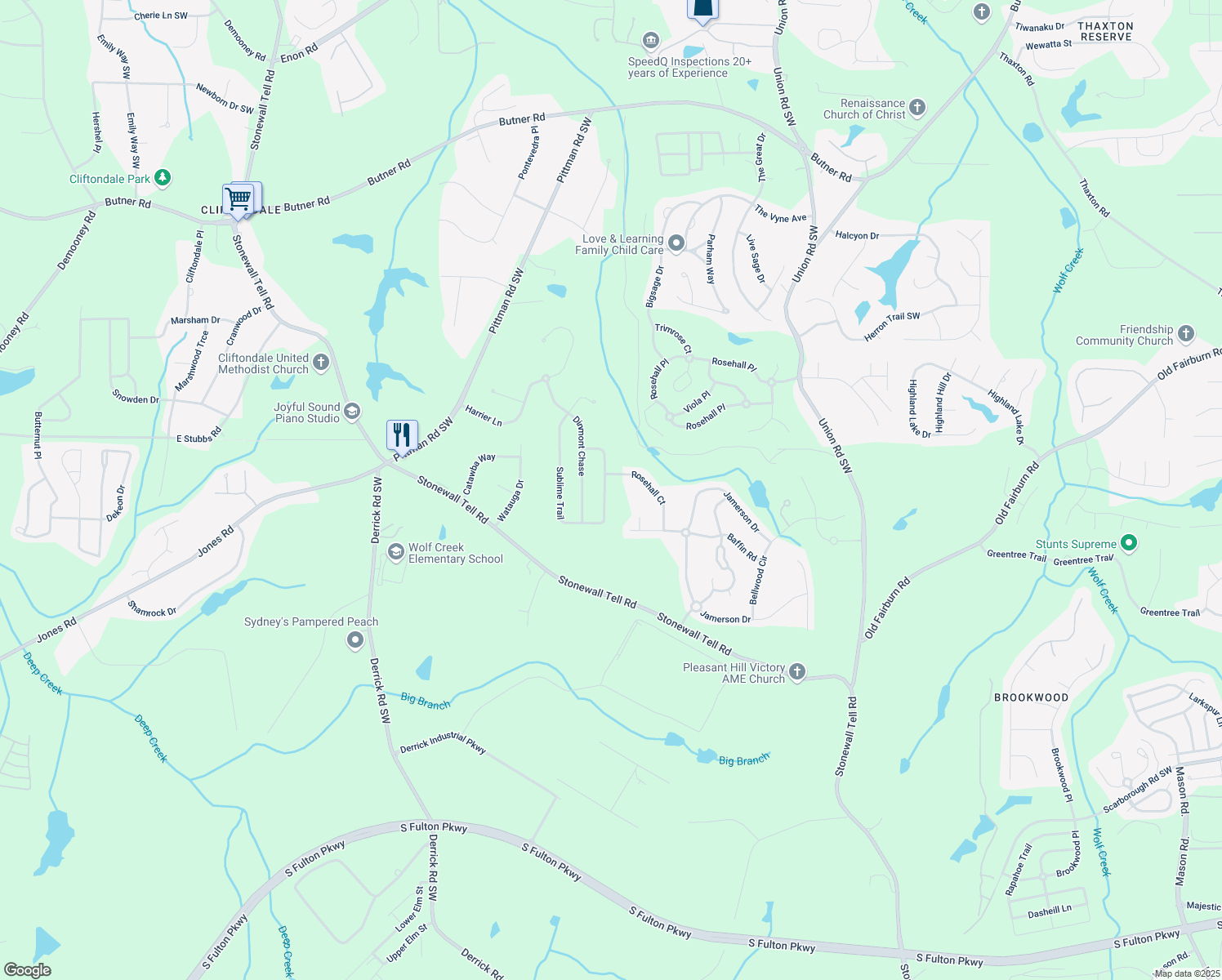 map of restaurants, bars, coffee shops, grocery stores, and more near 4180 Sublime Trail in Atlanta