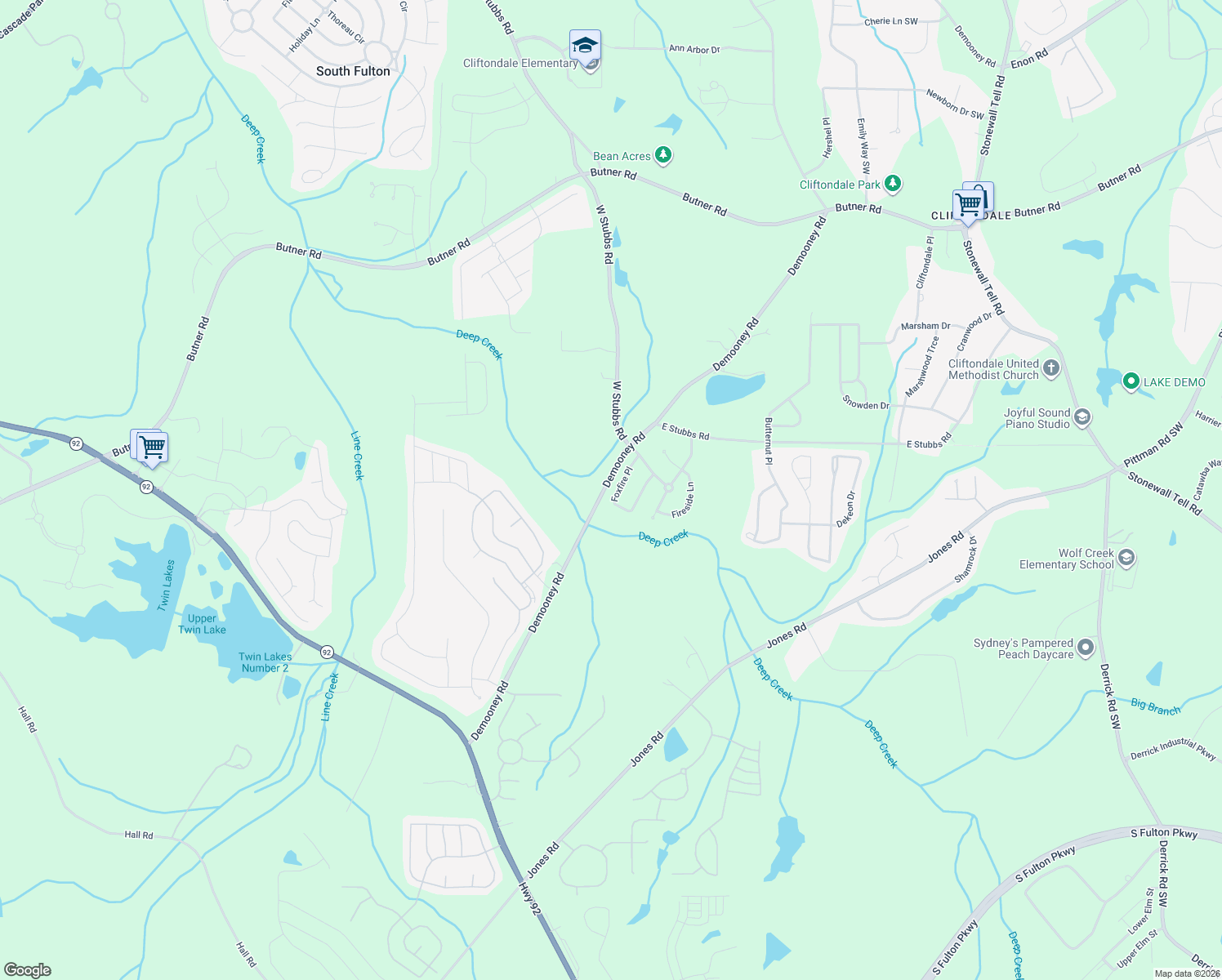map of restaurants, bars, coffee shops, grocery stores, and more near 6852 Foxfire Pl in College Park