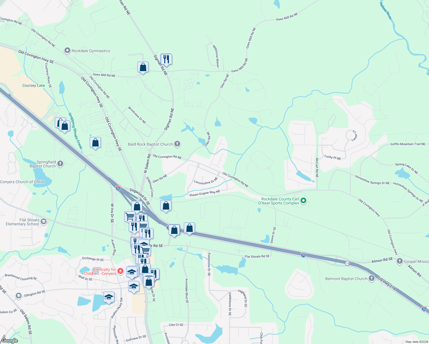 map of restaurants, bars, coffee shops, grocery stores, and more near 1644 Boxcar Pl NE in Conyers