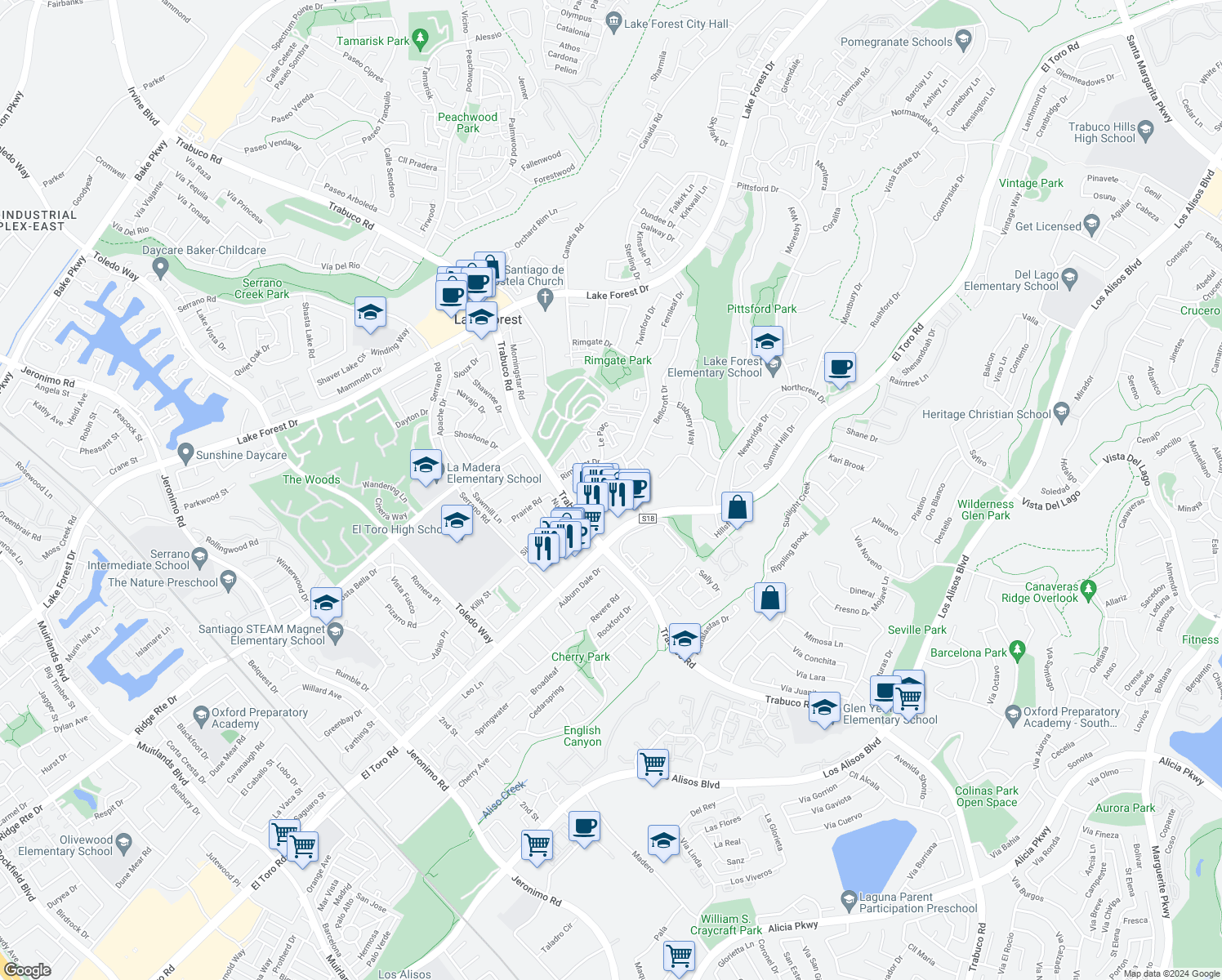 map of restaurants, bars, coffee shops, grocery stores, and more near 22288 Redwood Pointe in Lake Forest