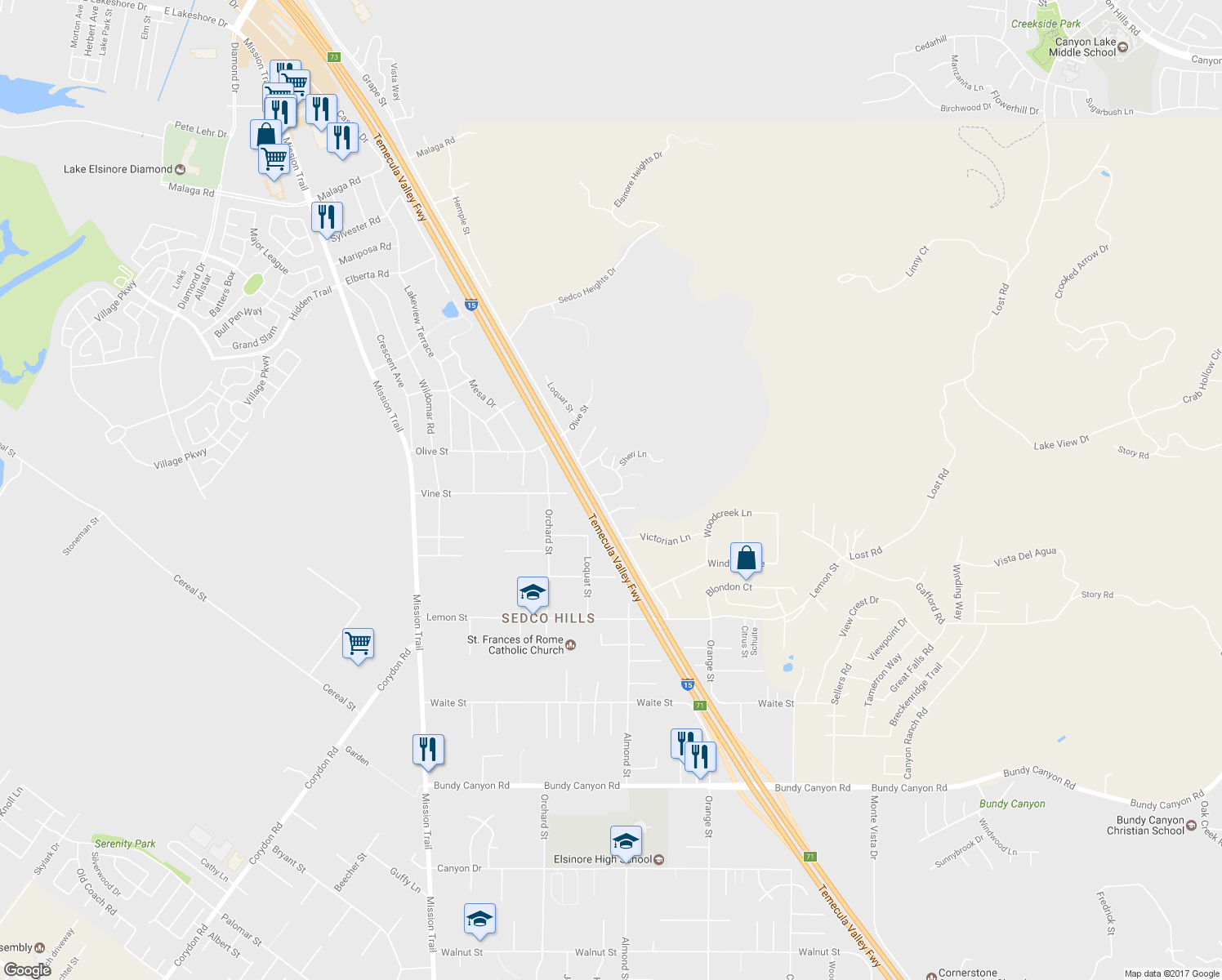 map of restaurants, bars, coffee shops, grocery stores, and more near 21722 Vine Street in Wildomar