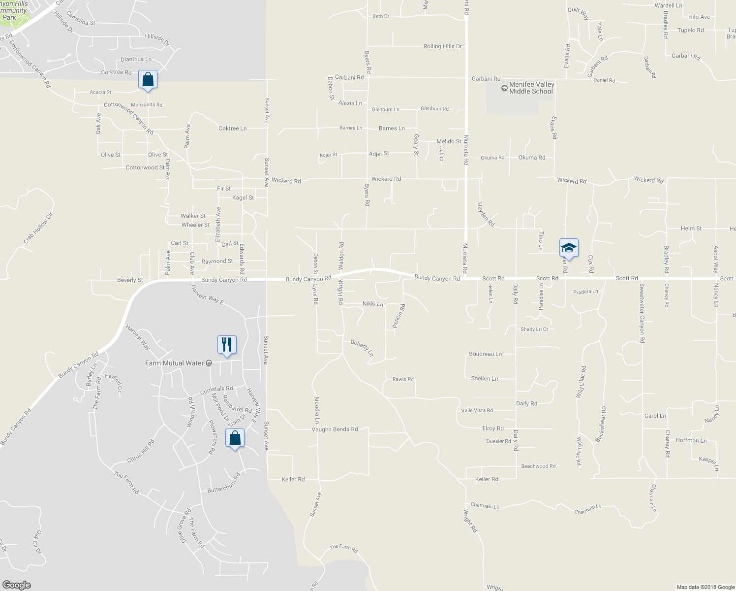 map of restaurants, bars, coffee shops, grocery stores, and more near 25520 Nikki Lane in Menifee