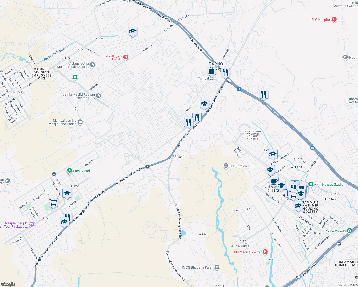 map of restaurants, bars, coffee shops, grocery stores, and more near Rawalpindi - Jand - Kohat Road in Rawalpindi