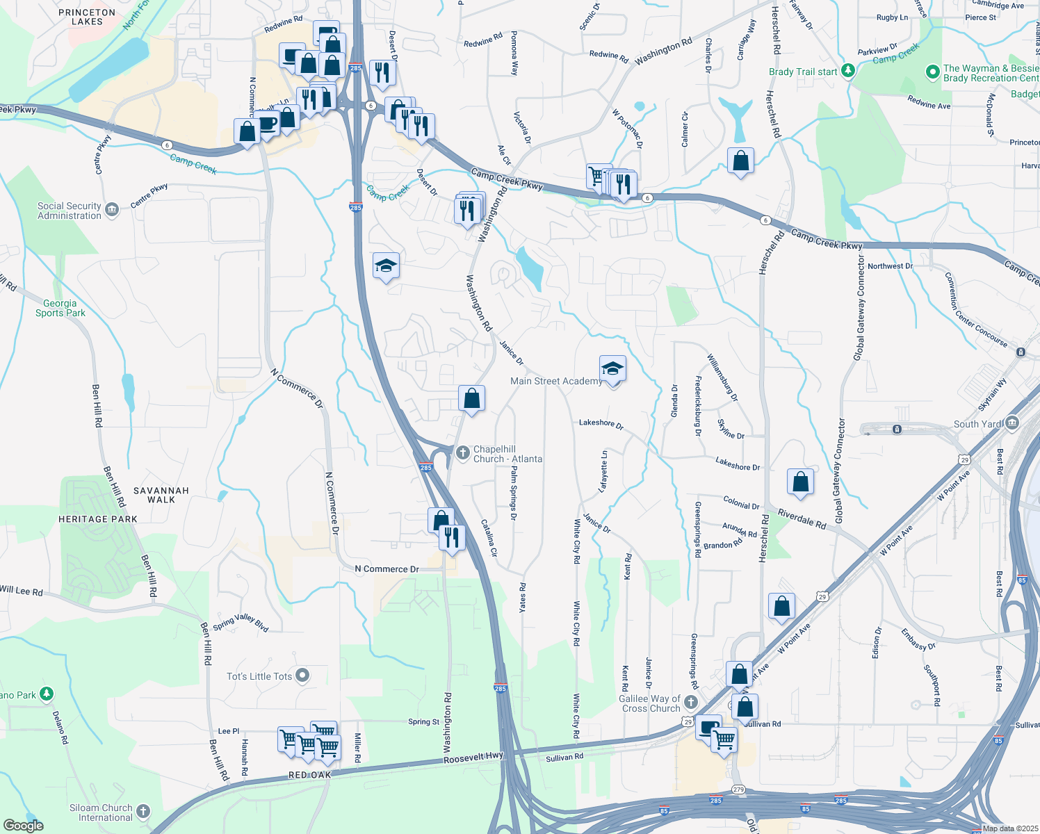 map of restaurants, bars, coffee shops, grocery stores, and more near 4234 Palm Springs Drive in East Point