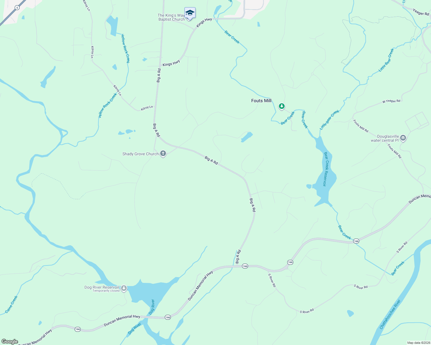 map of restaurants, bars, coffee shops, grocery stores, and more near 6009 Big A Road in Douglasville