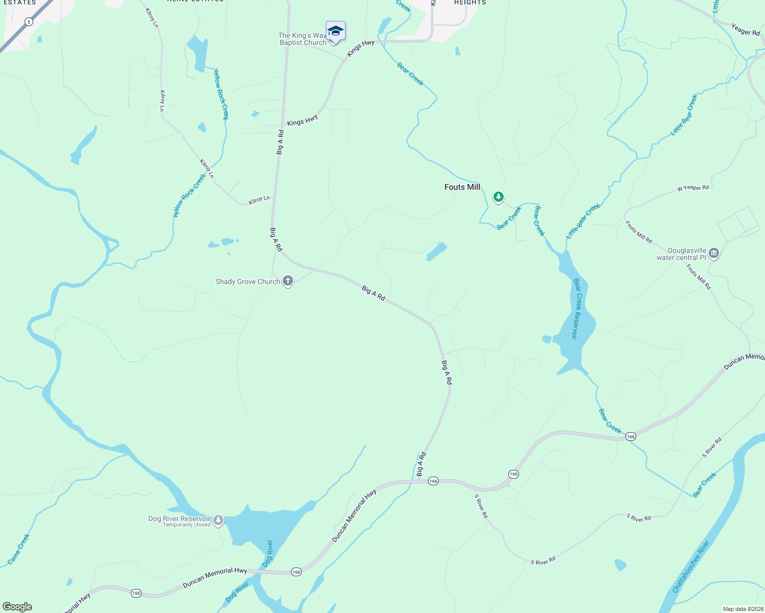 map of restaurants, bars, coffee shops, grocery stores, and more near 6009 Big A Road in Douglasville